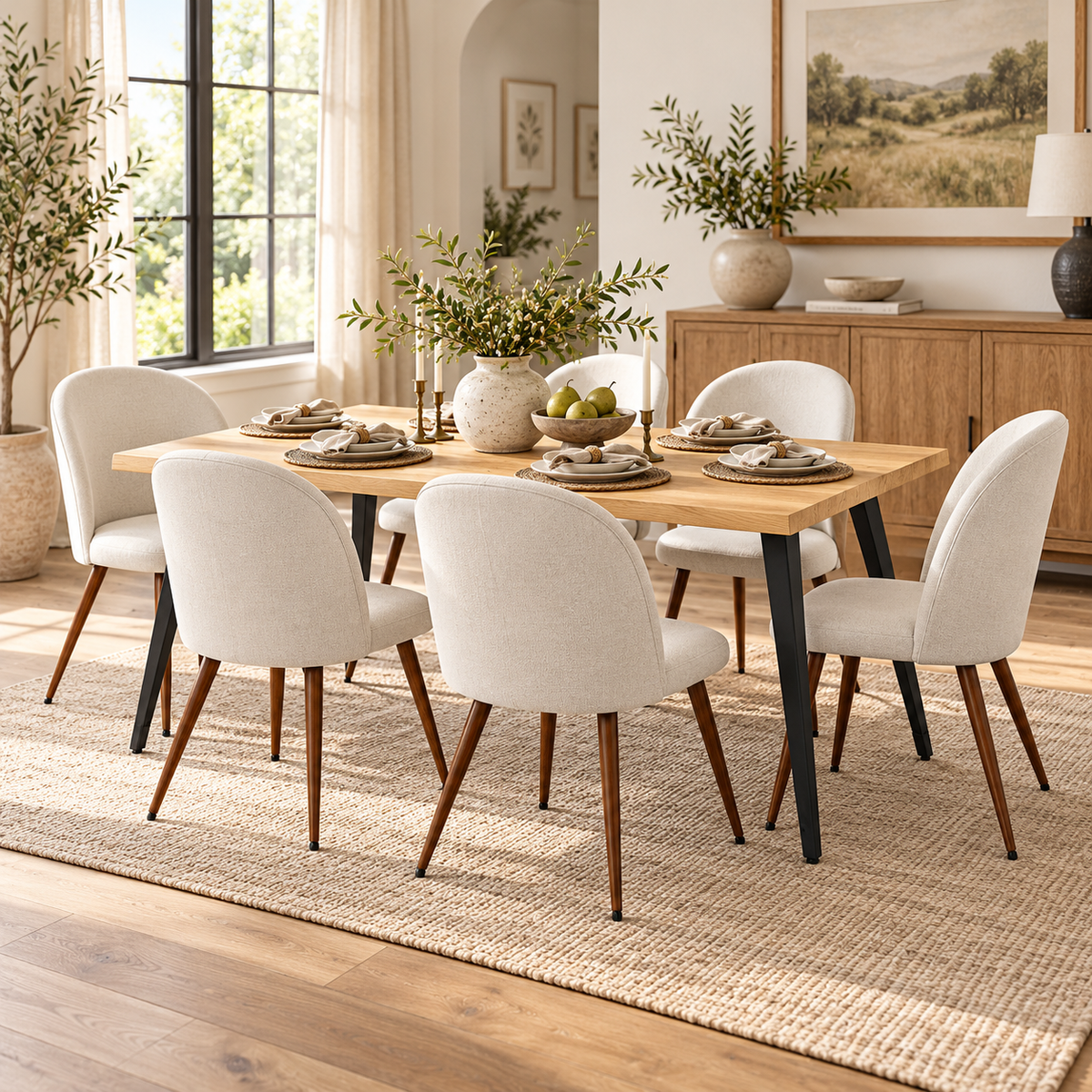 Lancelot 7 Piece Oak Dining Table Set with 6 Haven Upholstered Chairs