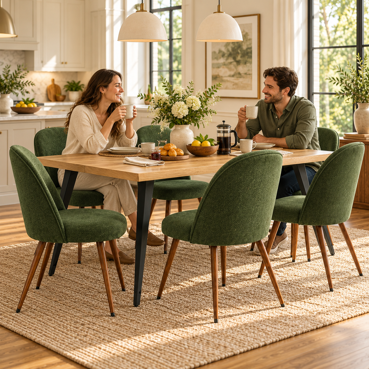 Lancelot 7 Piece Oak Dining Table Set with 6 Haven Upholstered Chairs