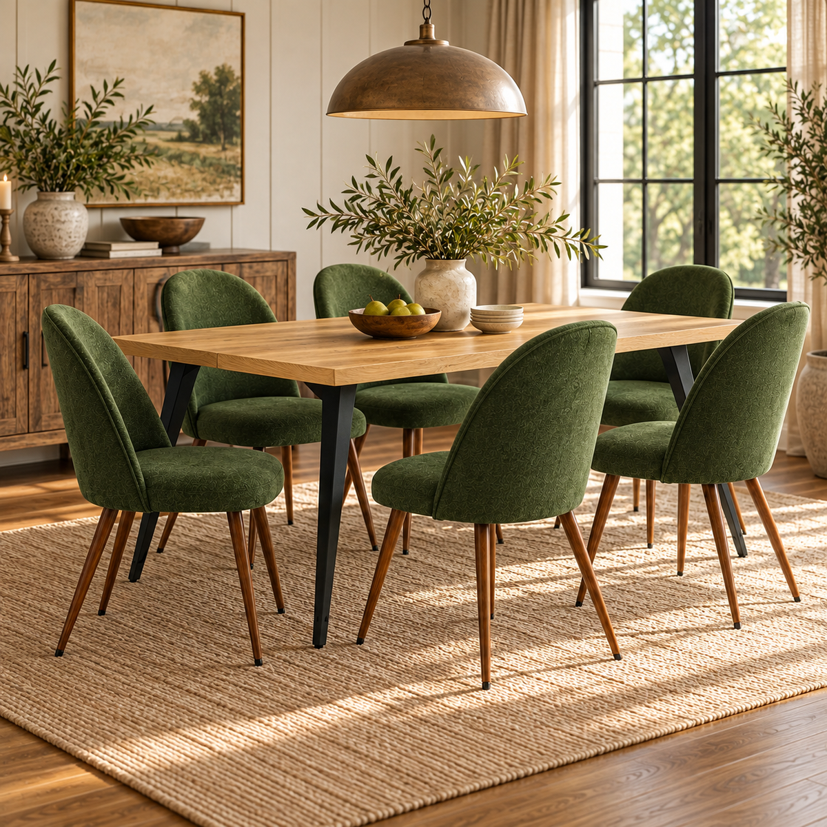 Lancelot 7 Piece Oak Dining Table Set with 6 Haven Upholstered Chairs