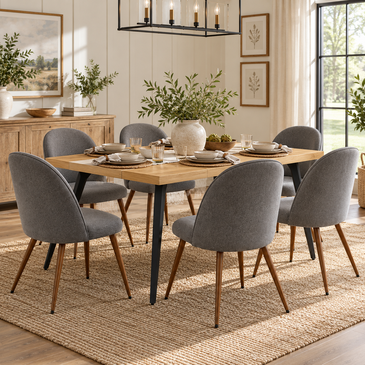 Lancelot 7 Piece Oak Dining Table Set with 6 Haven Upholstered Chairs