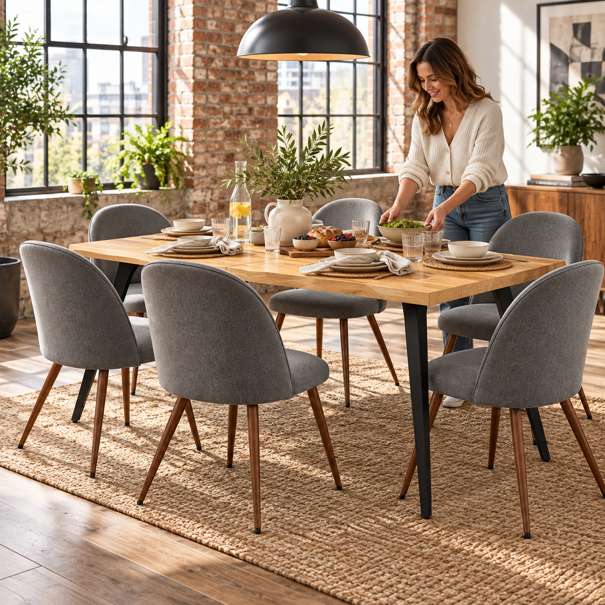 Lancelot 7 Piece Oak Dining Table Set with 6 Haven Upholstered Chairs