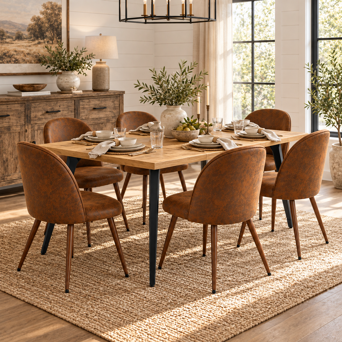 Lancelot 7 Piece Oak Dining Table Set with 6 Haven Upholstered Chairs