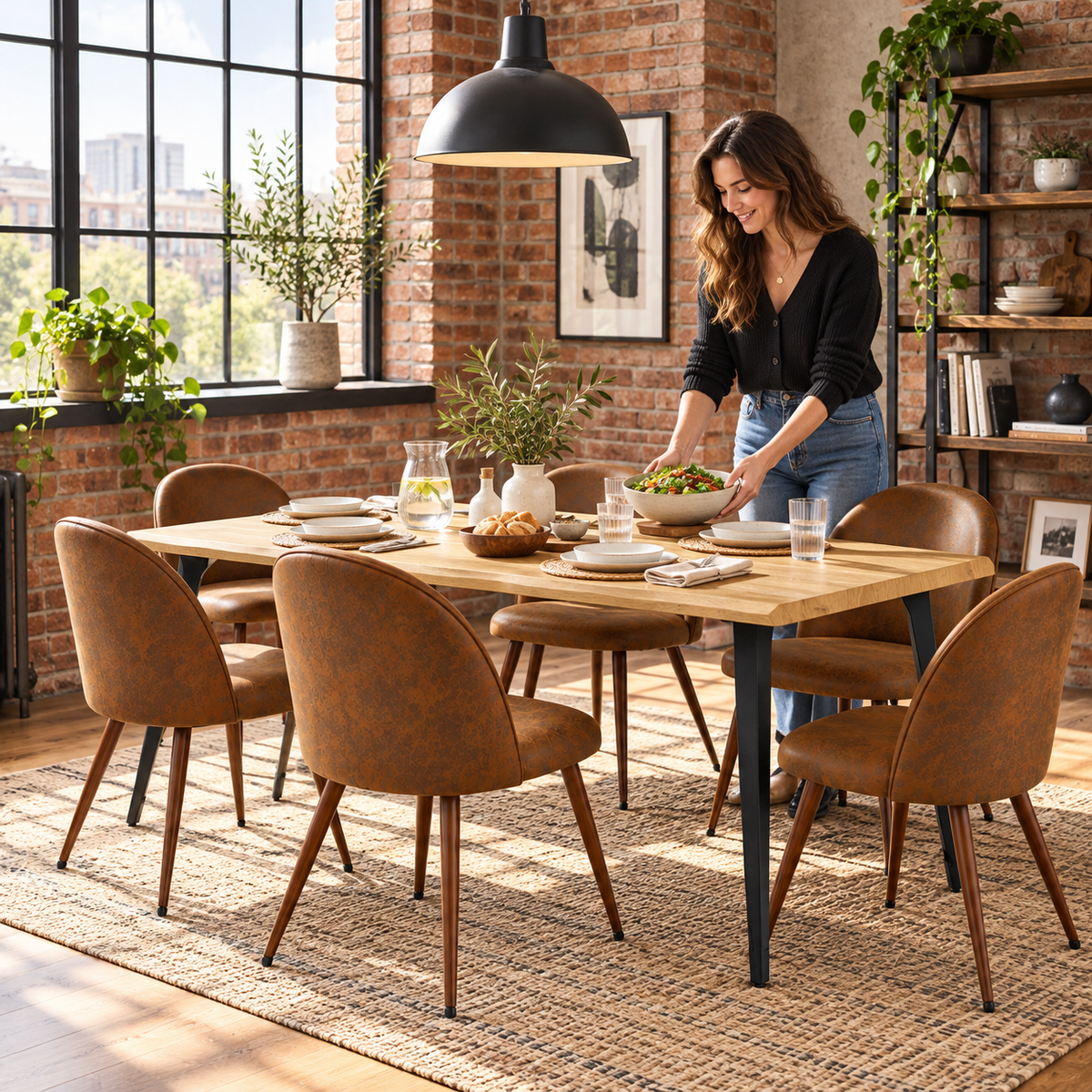 Lancelot 7 Piece Oak Dining Table Set with 6 Haven Upholstered Chairs