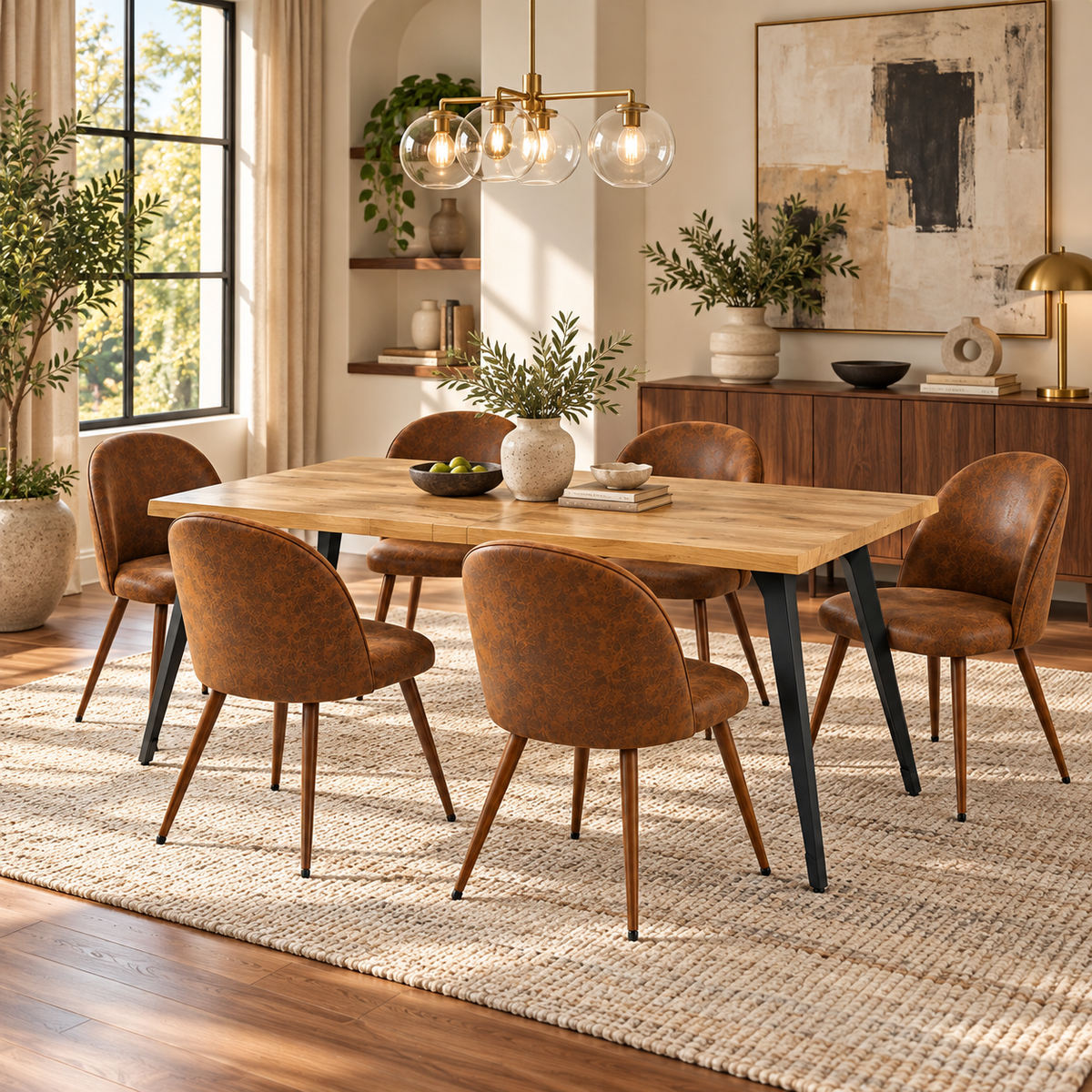 Lancelot 7 Piece Oak Dining Table Set with 6 Haven Upholstered Chairs