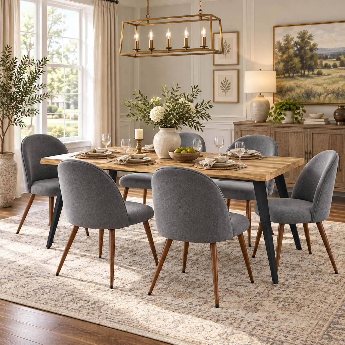 Lancelot 7 Piece Walnut Dining Table Set with 6 Haven Upholstered Chairs
