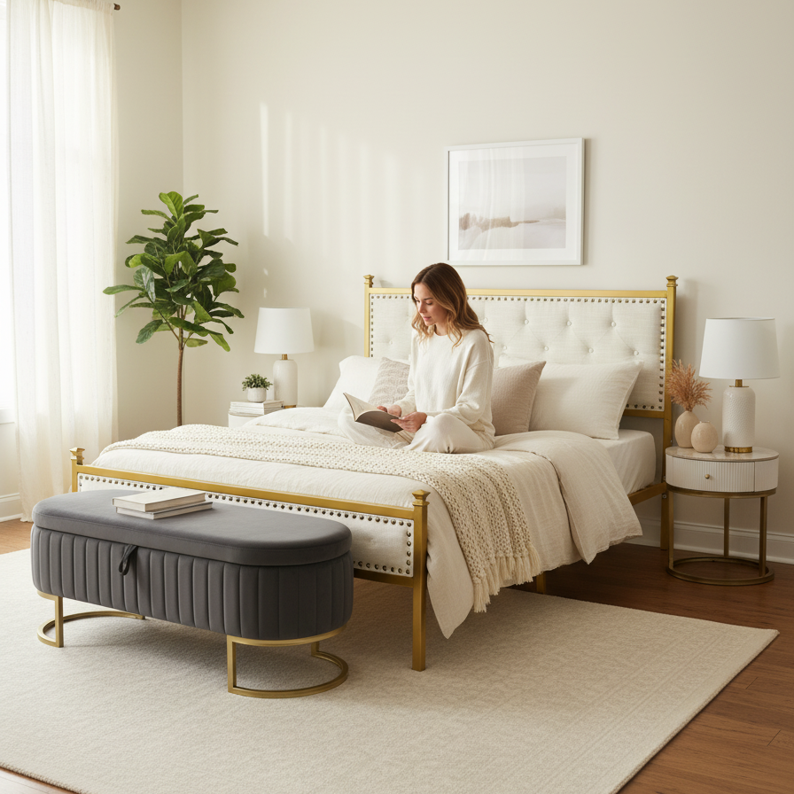 Creamy Reverie 4 Piece Bedroom Set - Bed with Nightstands & Ottoman