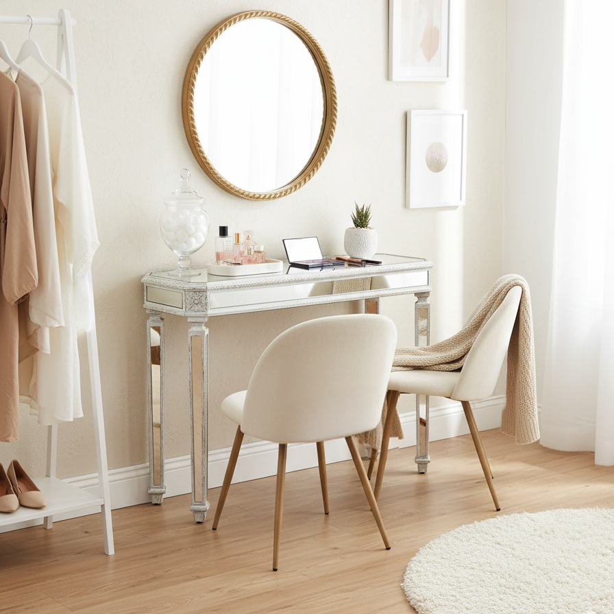 Creamy Reverie 3 Piece Bedroom Set, Prote Table with Biscuit Chairs