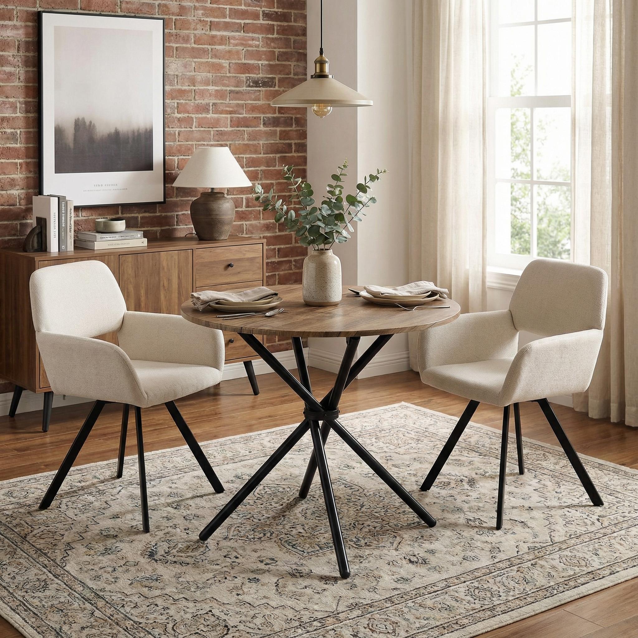 Homy Casa Fontana 3 Piece Dining Table Set with 2 California Swivel Upholstered Chairs, Beige