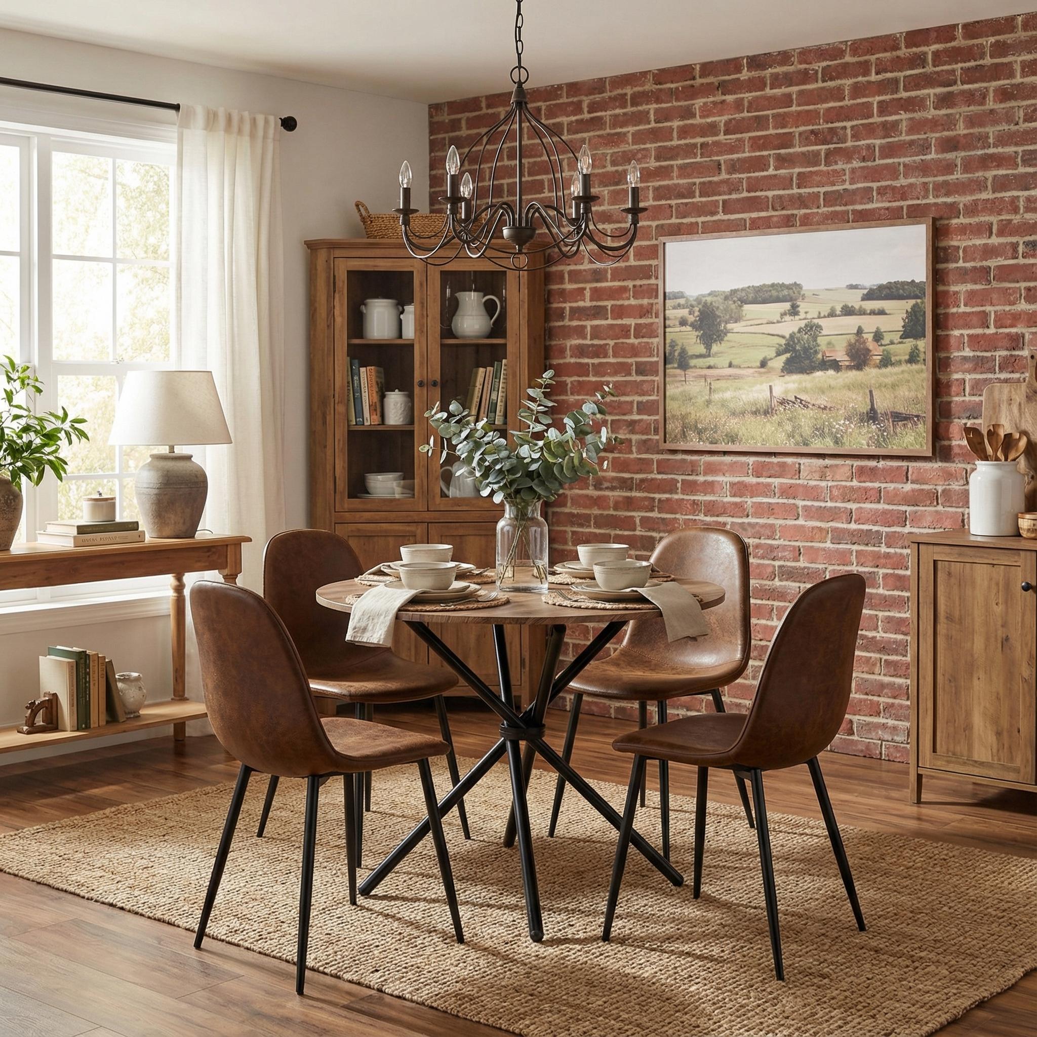 Homy Casa Hare 5PC Dining Set 31.5” Round Table with 4 Charlton Suede Upholstered Chairs, Brown