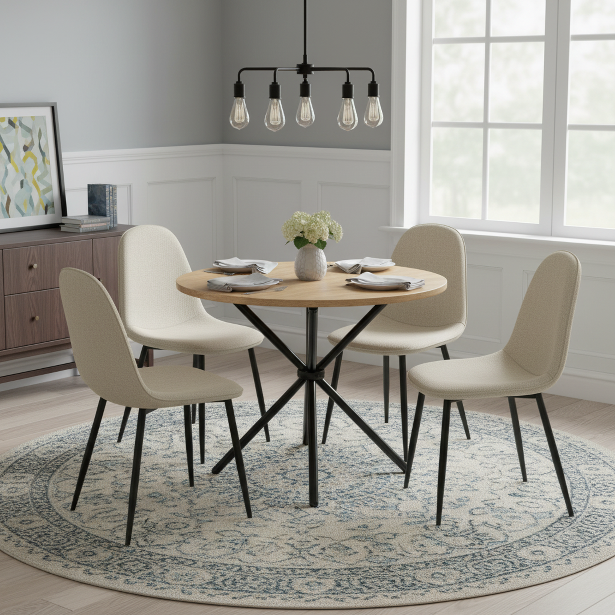 Fontana 5 Piece Oak Dining Table Set with 4 Charlton Upholstered Chairs