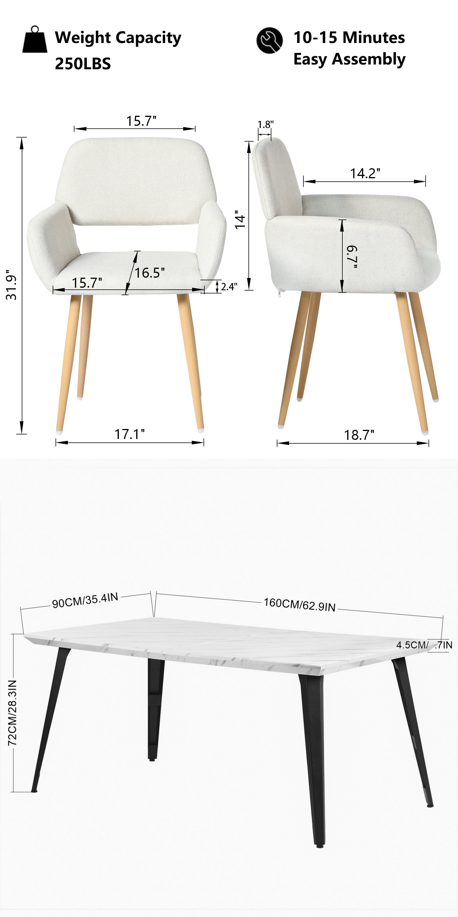 Stan 5 Piece White Marble Dining Table Set with 4 Mayfair Upholstered Chairs, Beige