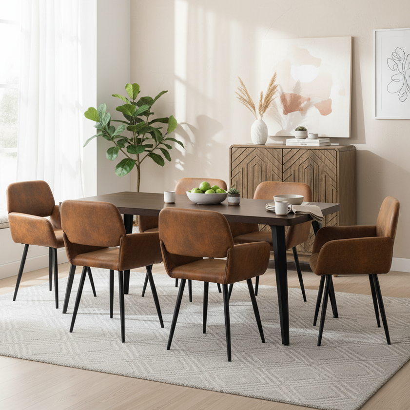 Stan 7 Piece Walnut Dining Table Set with 6 Mayfair Upholstered Chairs, Suede Brown