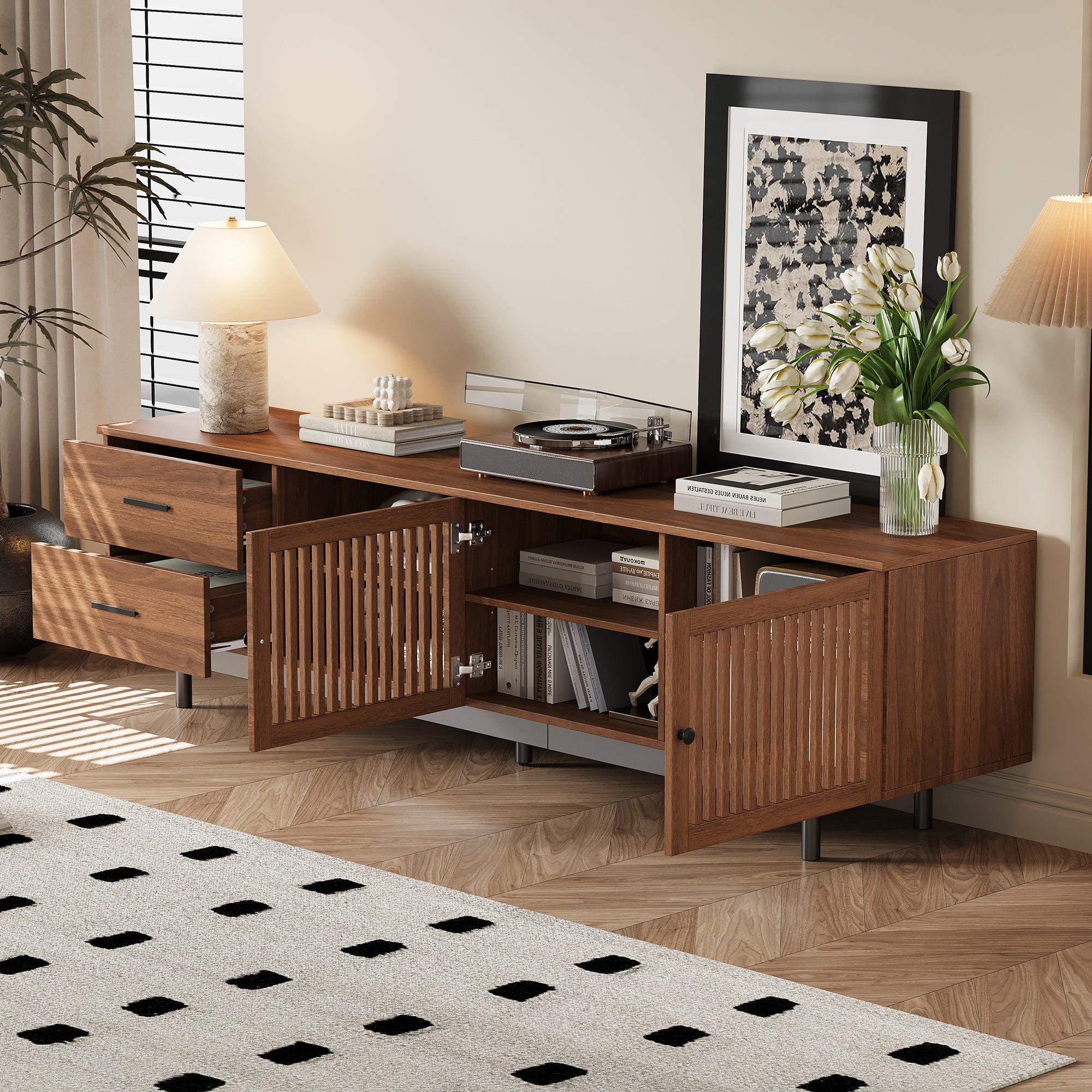 Bari 78" Wood Modern TV Stand with Storage Cabinets and open Drawers