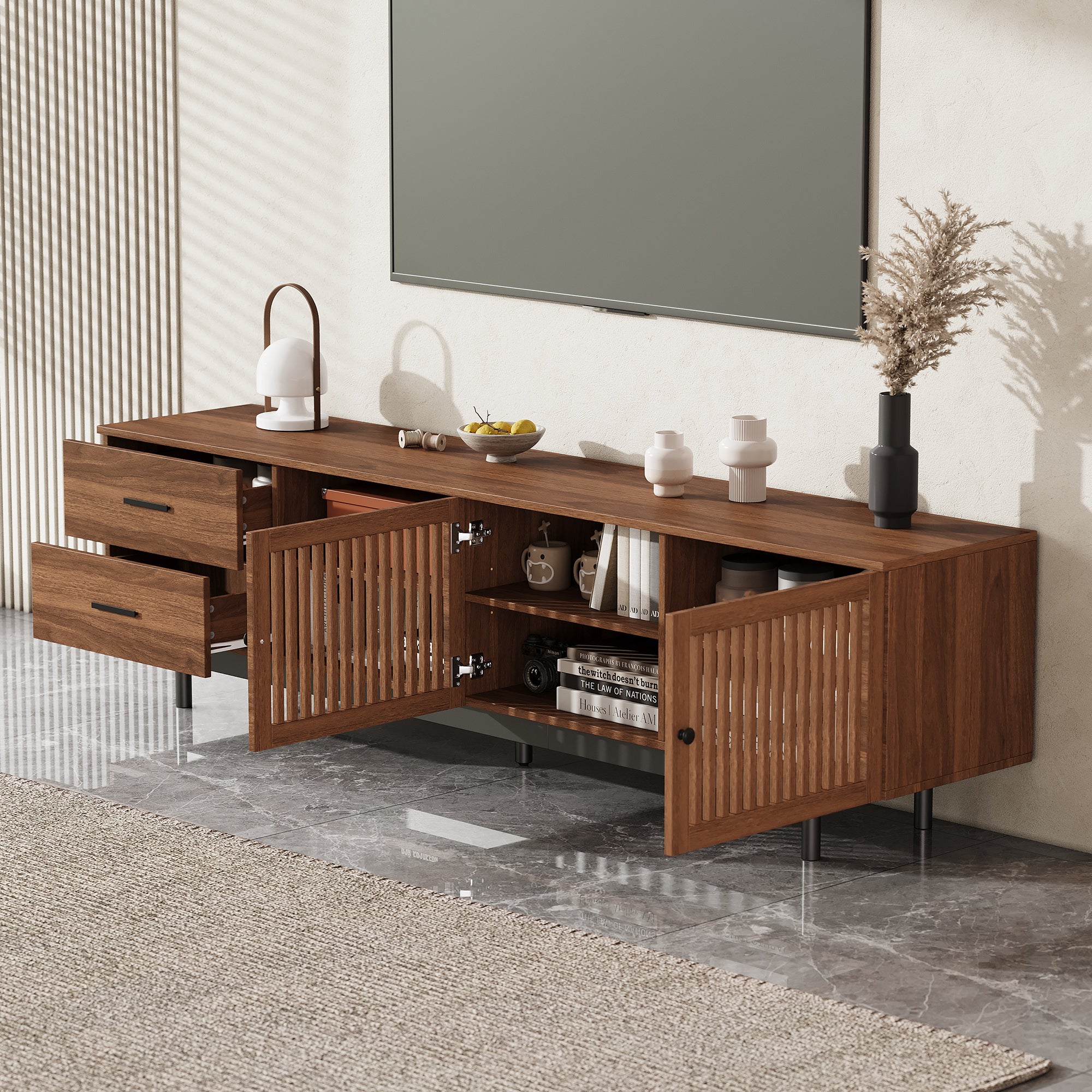 Bari 78" Wood Modern TV Stand with Storage Cabinets and open Drawers