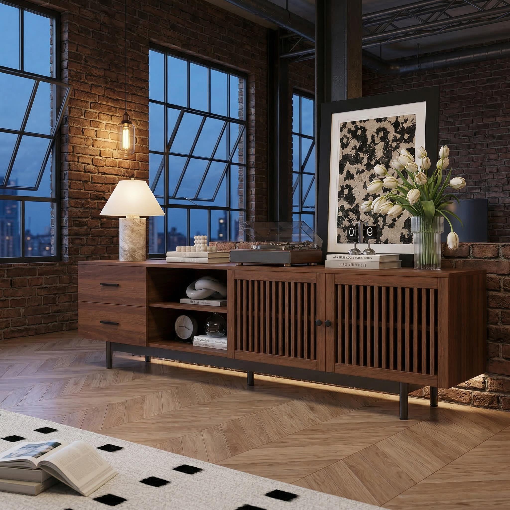 Bari 78" Wood Modern TV Stand with Storage Cabinets and open Drawers