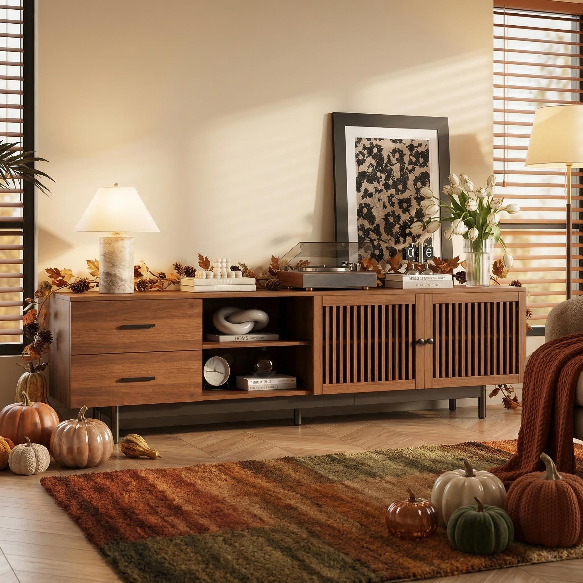 Bari 78" Wood Modern TV Stand with Storage Cabinets and open Drawers