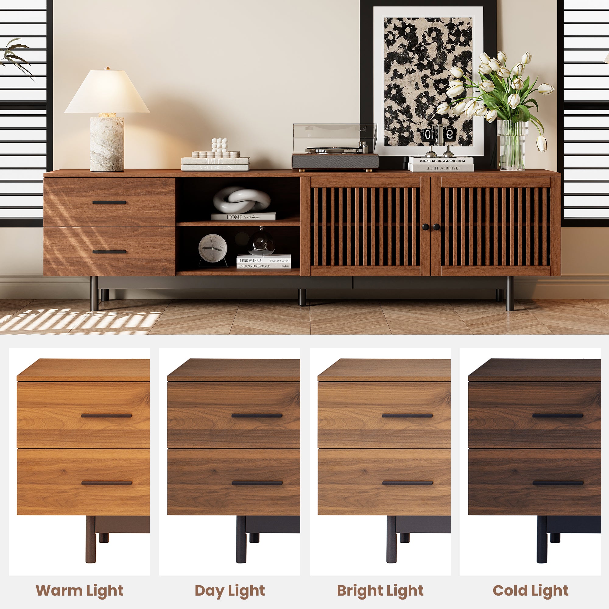 Bari 78" Wood Modern TV Stand with Storage Cabinets and open Drawers