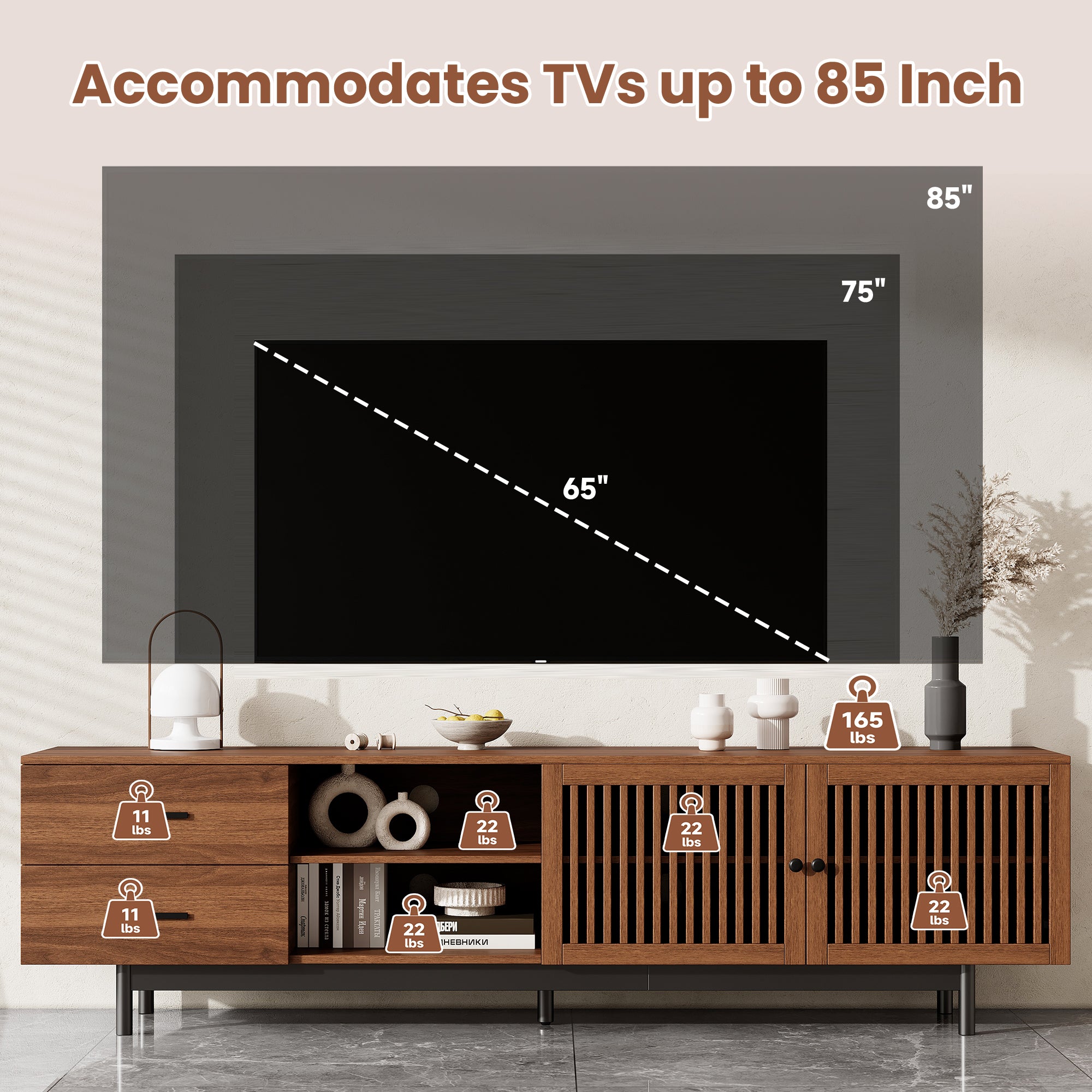 Bari 78" Wood Modern TV Stand with Storage Cabinets and open Drawers