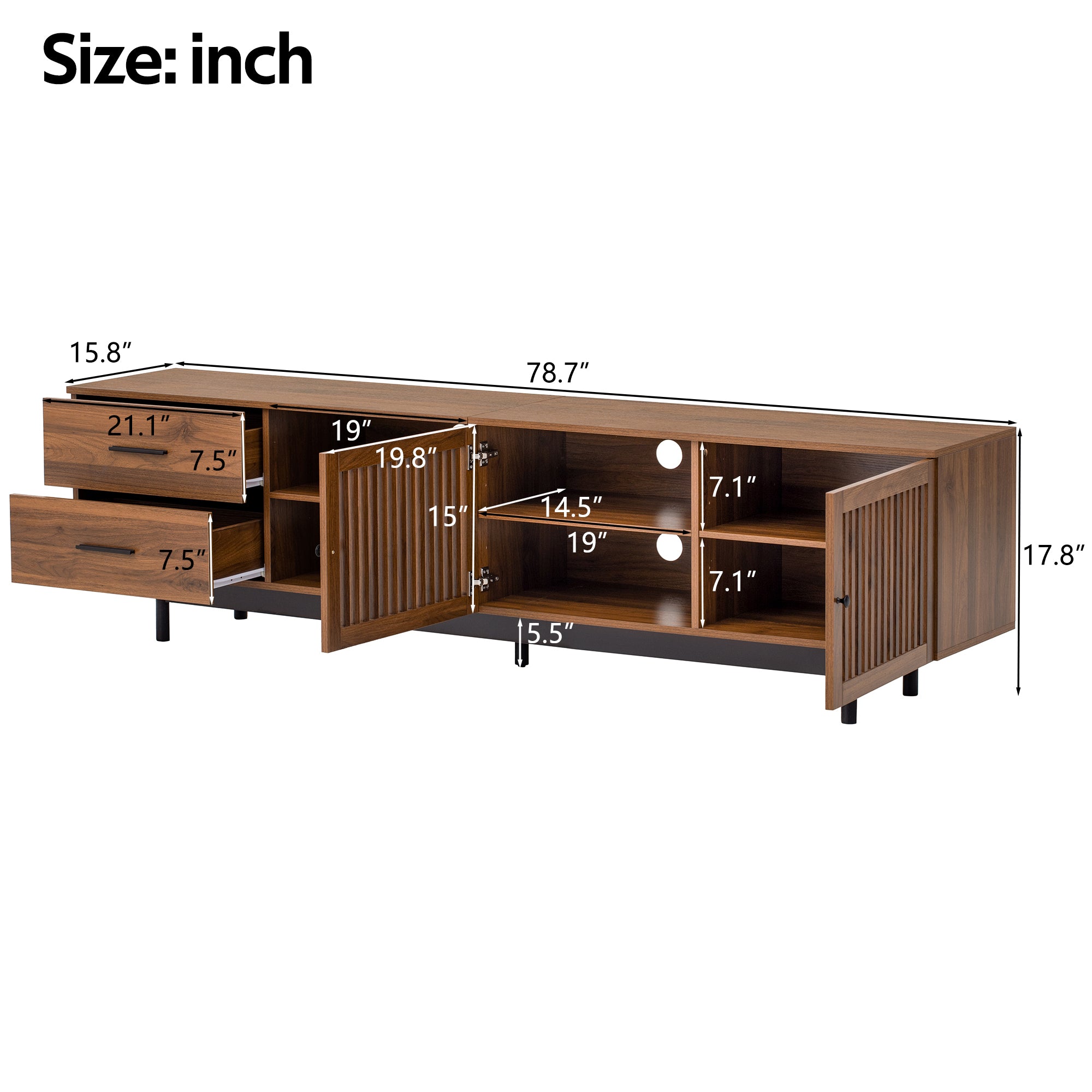Bari 78" Wood Modern TV Stand with Storage Cabinets and open Drawers