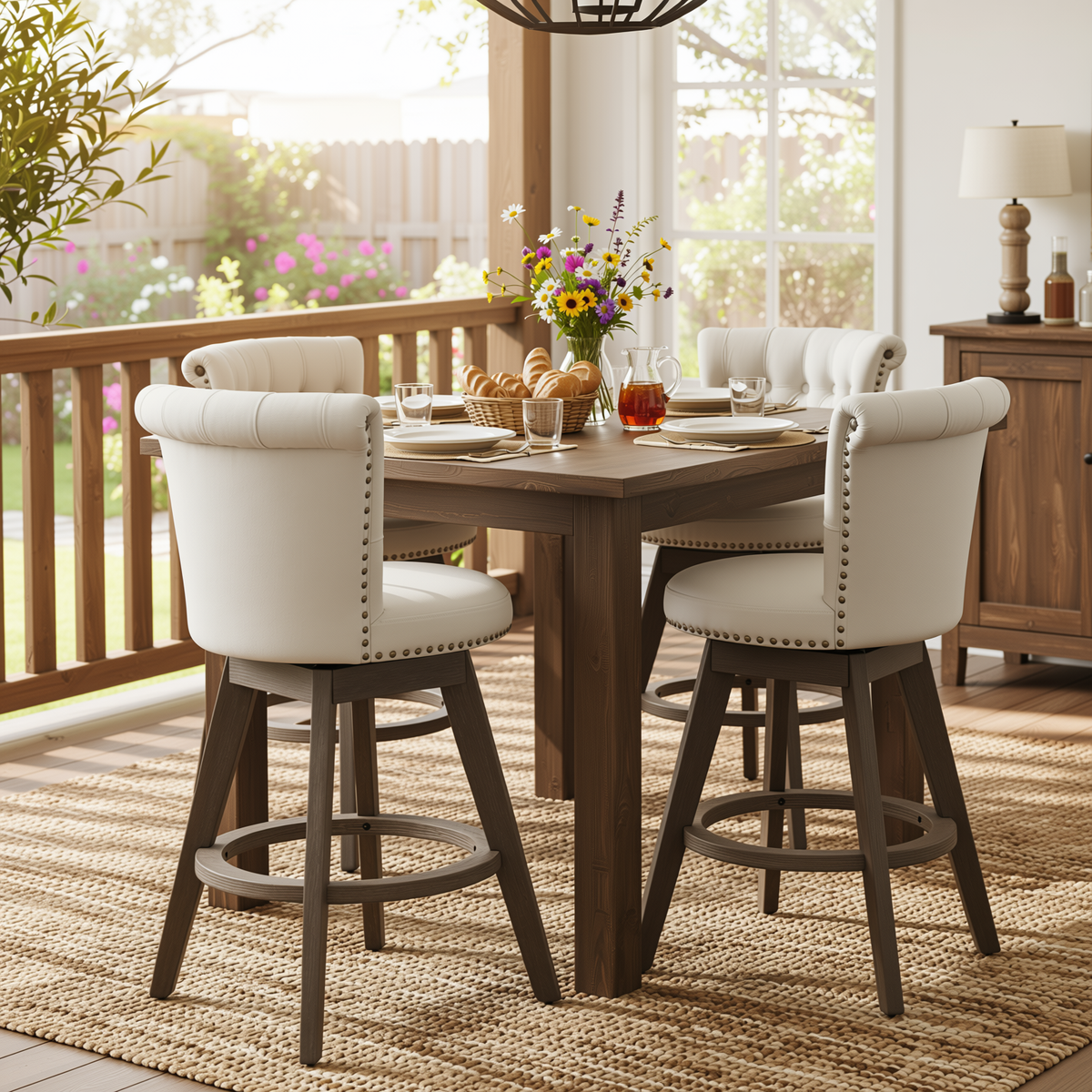 Homy Casa Barossa Velvet Swivel Stool 4PC Kitchen Dining Set with Hand-Tufted Upholstery in Beige Open Box