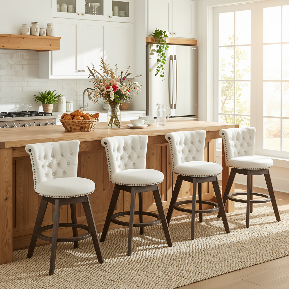Homy Casa Barossa Velvet Swivel Stool 4PC Kitchen Dining Set with Hand-Tufted Upholstery in Beige Open Box
