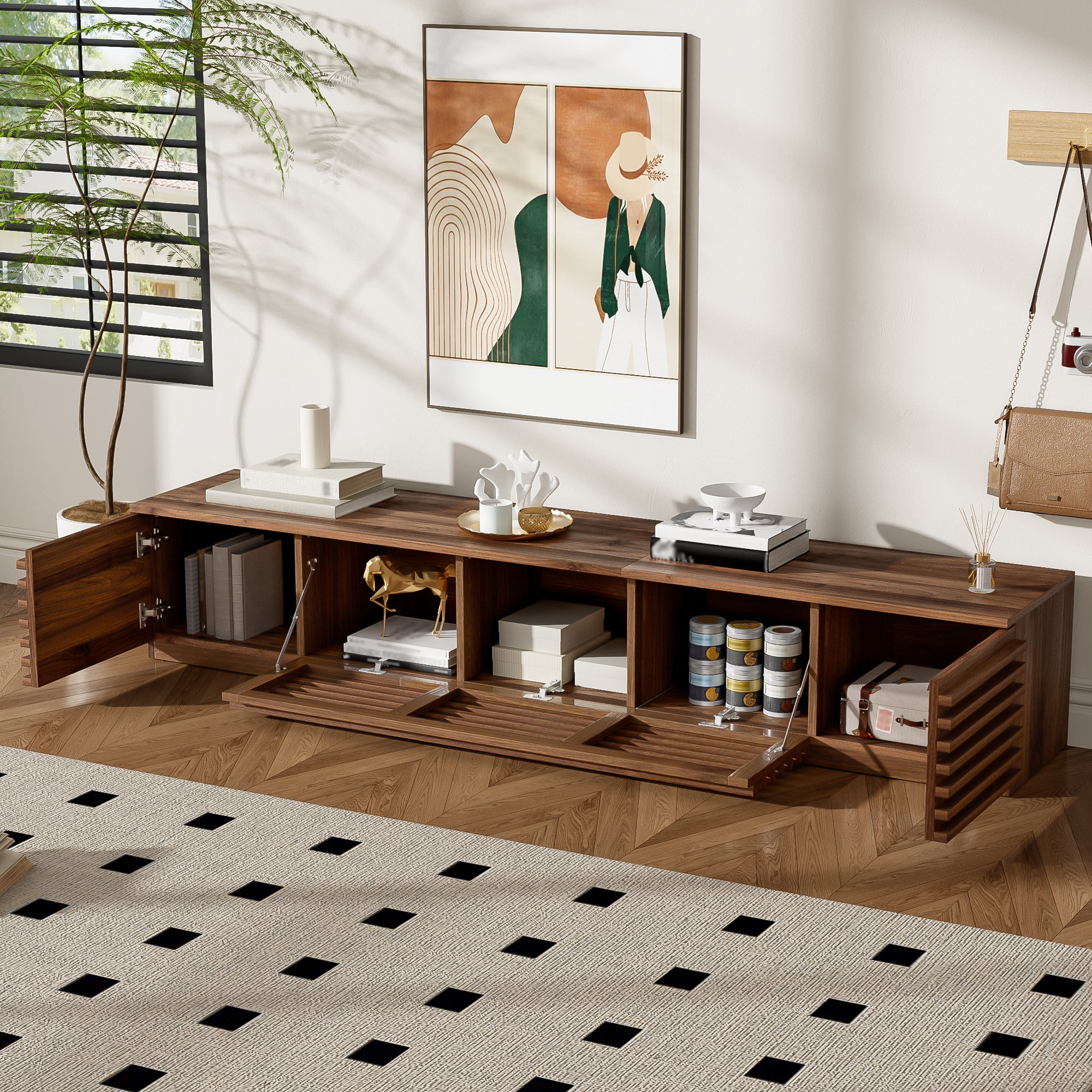 Bologna 70" Wood Modern TV Stand with Flat Door Cabinets