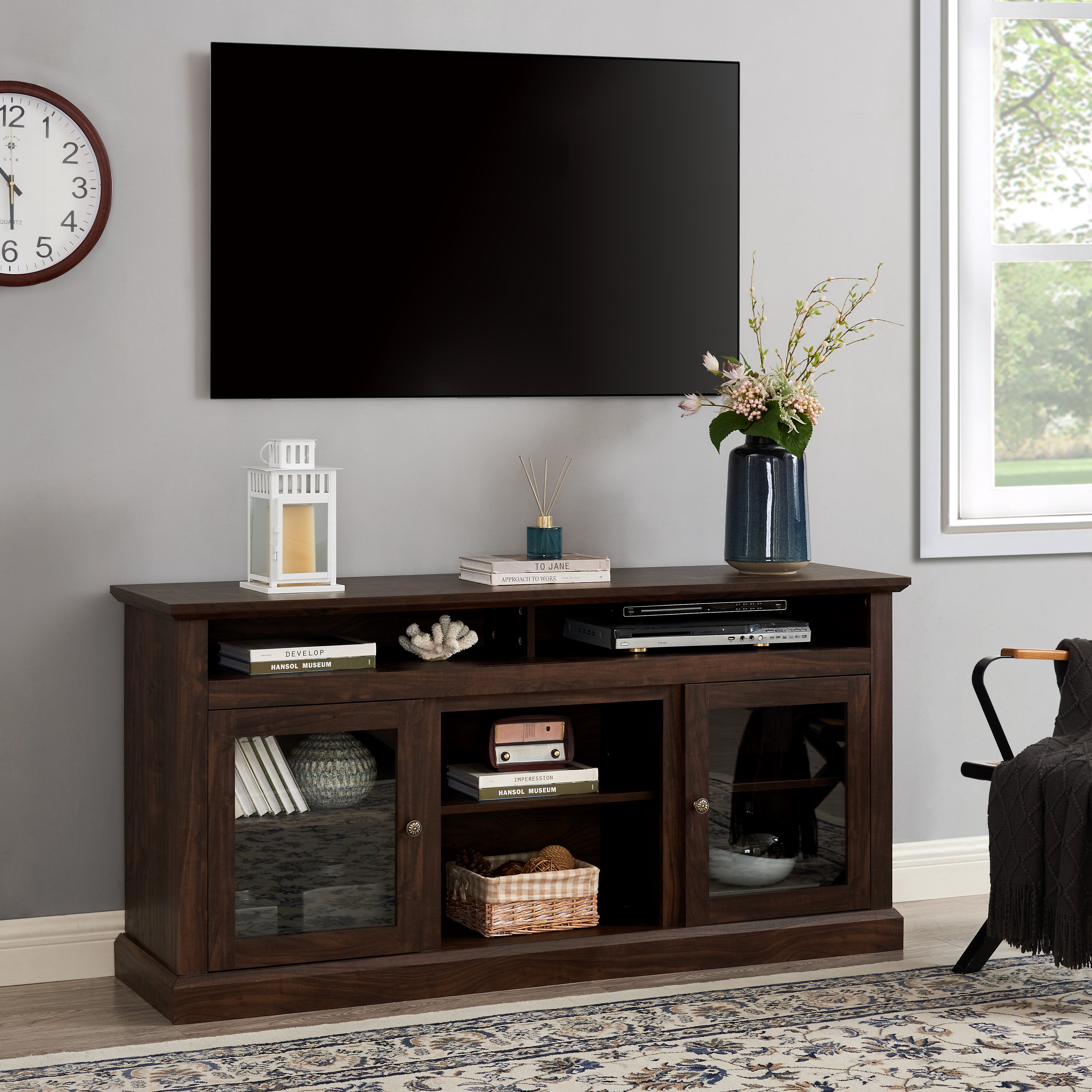 Bozeman 60" Modern Farmhouse TV Stand with Glass Doors and Open Storage