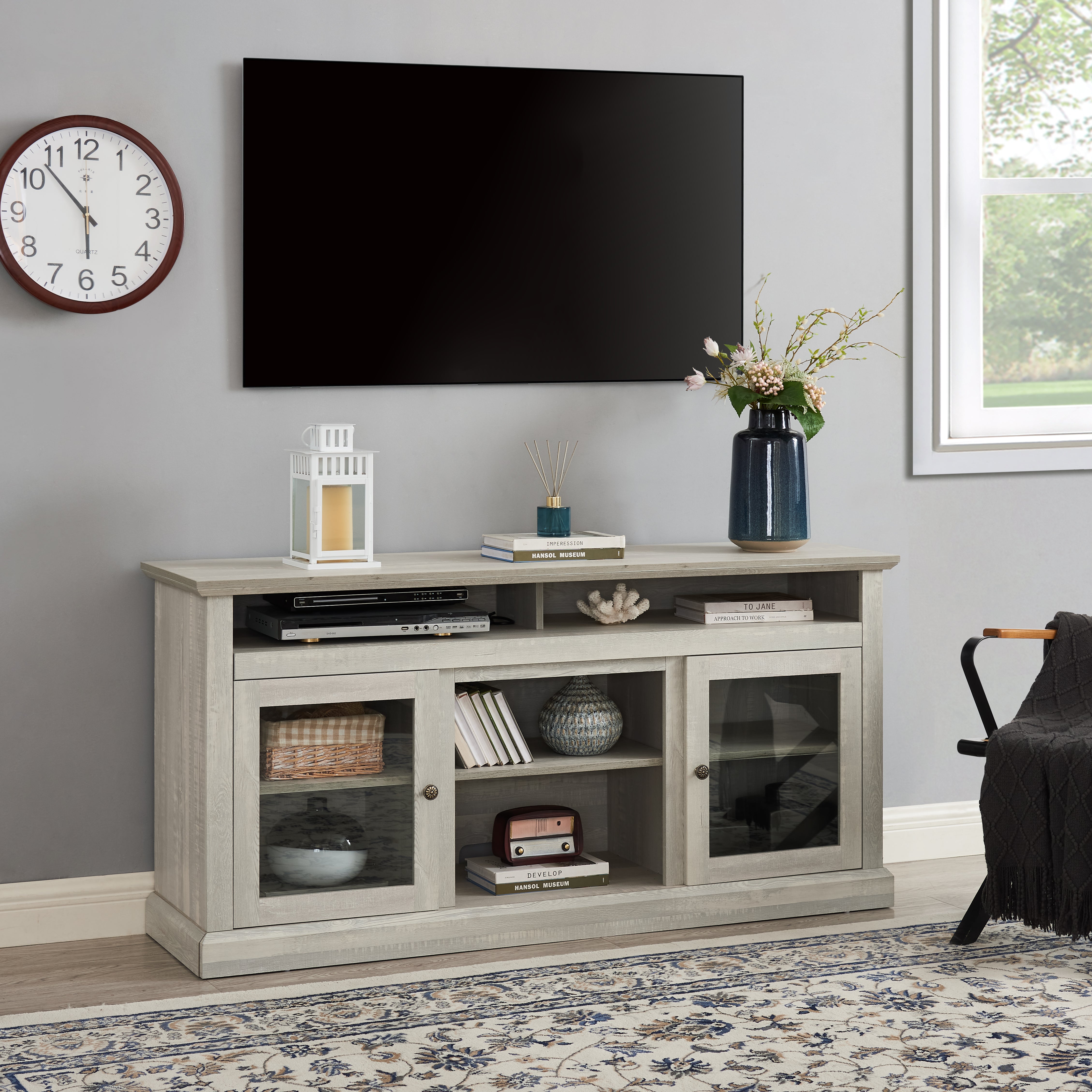 Bozeman 60" Modern Farmhouse TV Stand with Glass Doors and Open Storage