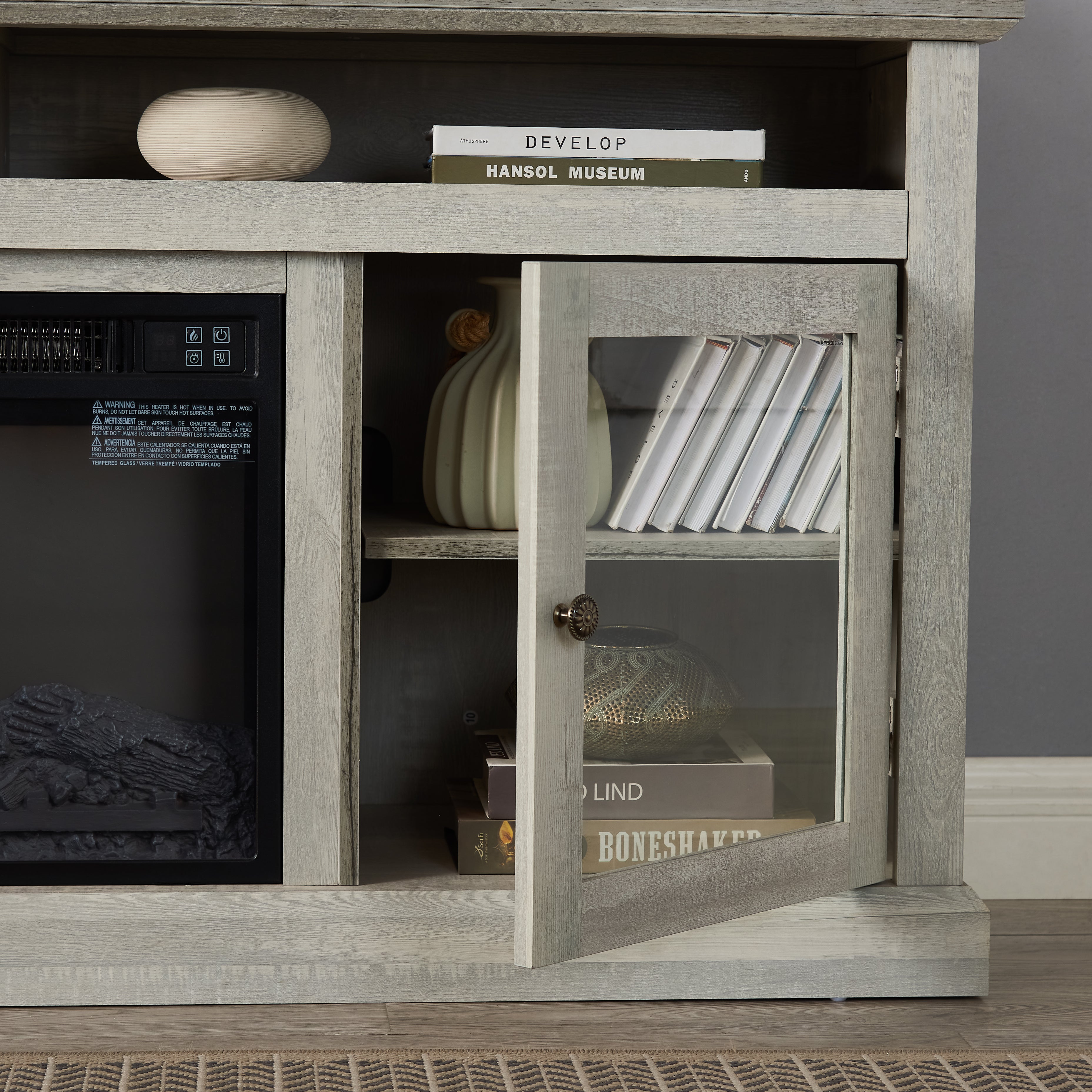 Bozeman 60" Modern Farmhouse TV Stand with Glass Doors and Open Storage