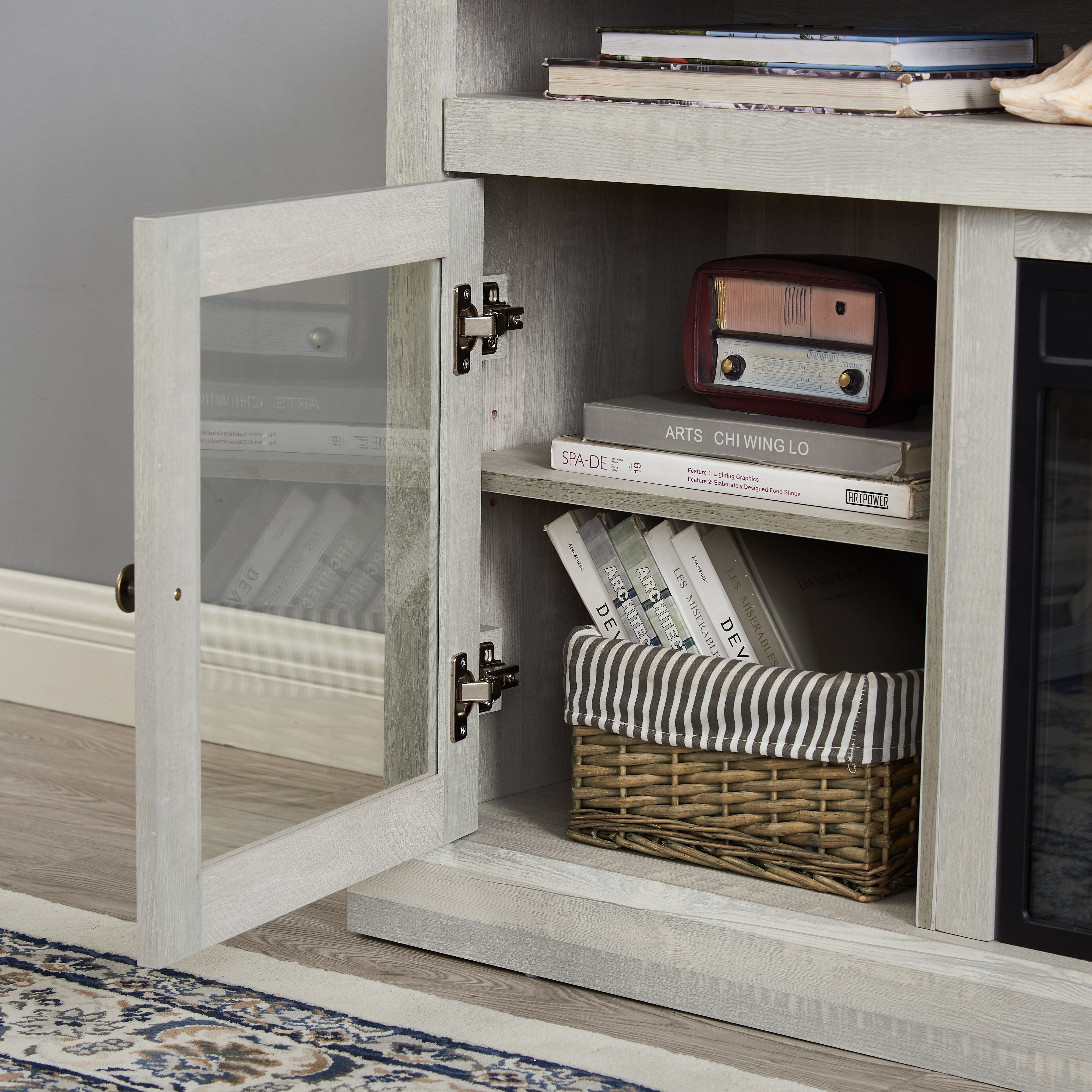 Bozeman 60" Modern Farmhouse TV Stand with Glass Doors and Open Storage