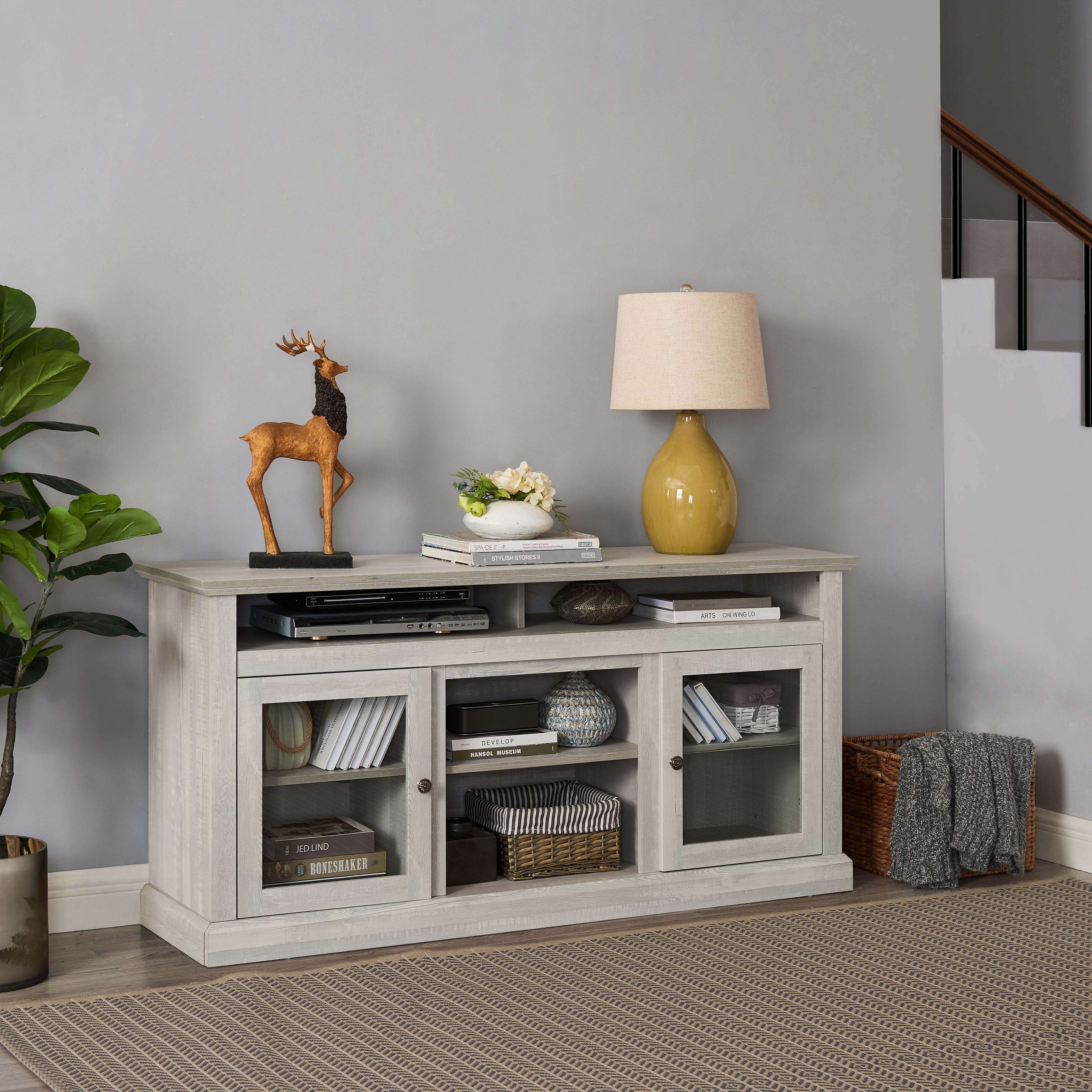 Bozeman 60" Modern Farmhouse TV Stand with Glass Doors and Open Storage