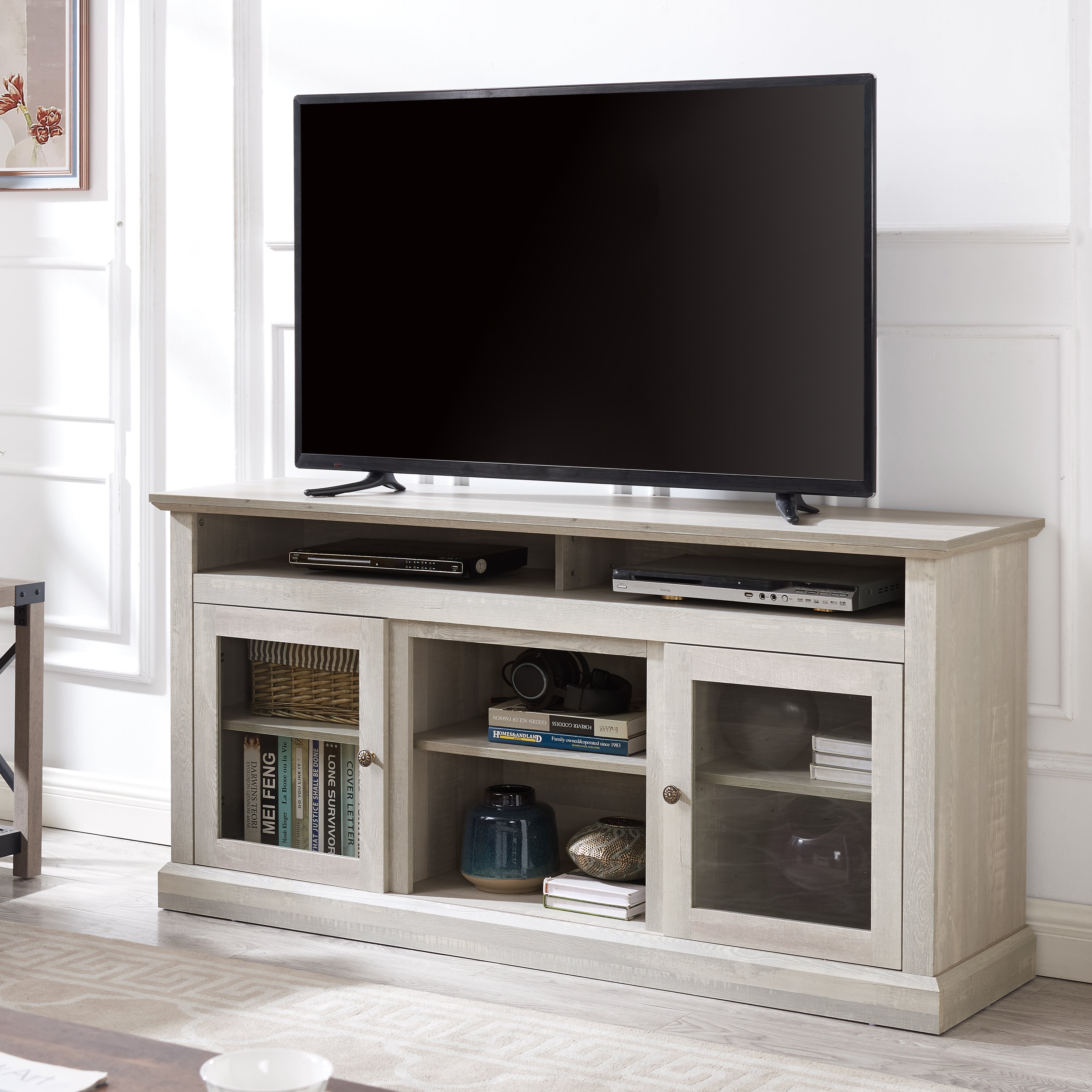Bozeman 60" Modern Farmhouse TV Stand with Glass Doors and Open Storage