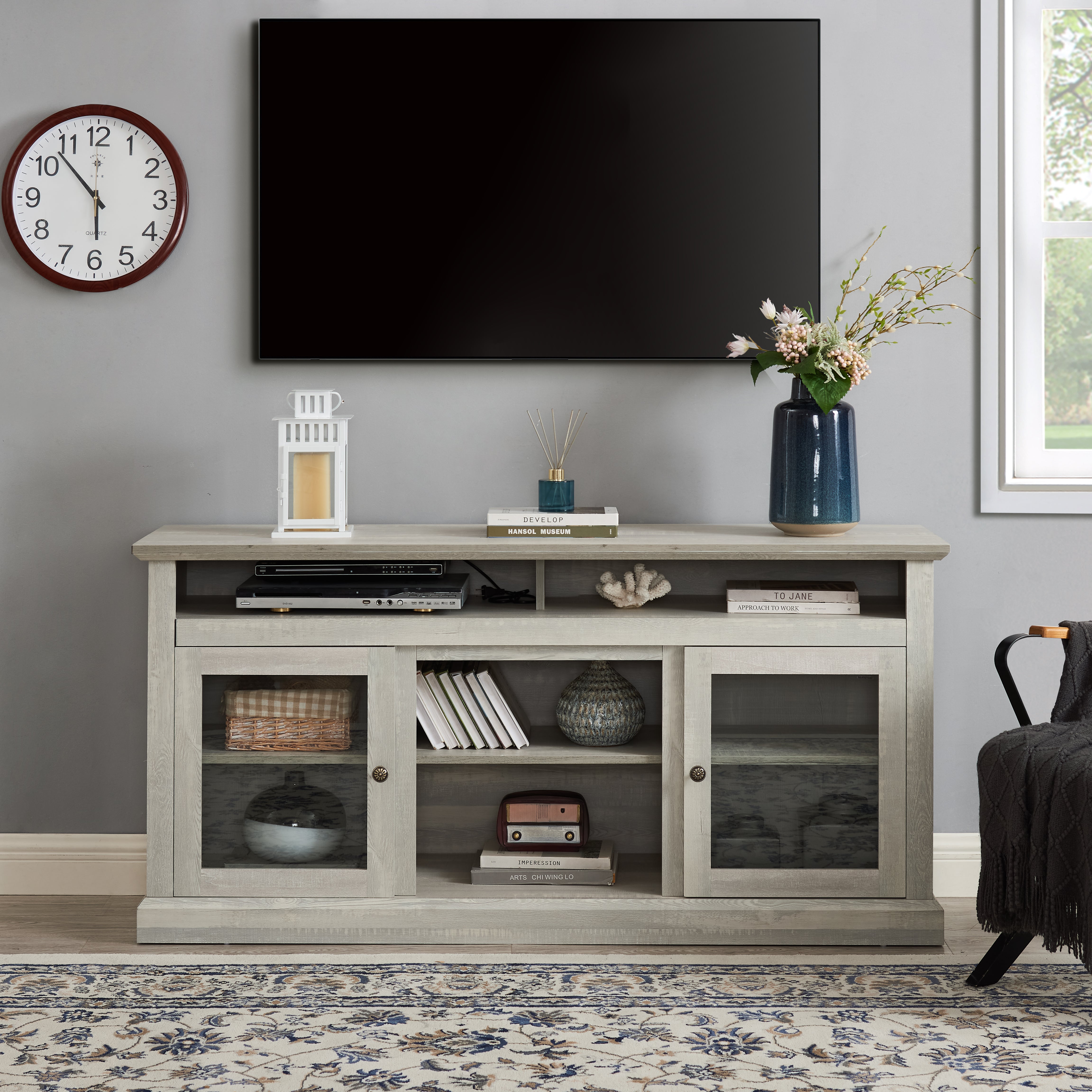 Bozeman 60" Modern Farmhouse TV Stand with Glass Doors and Open Storage