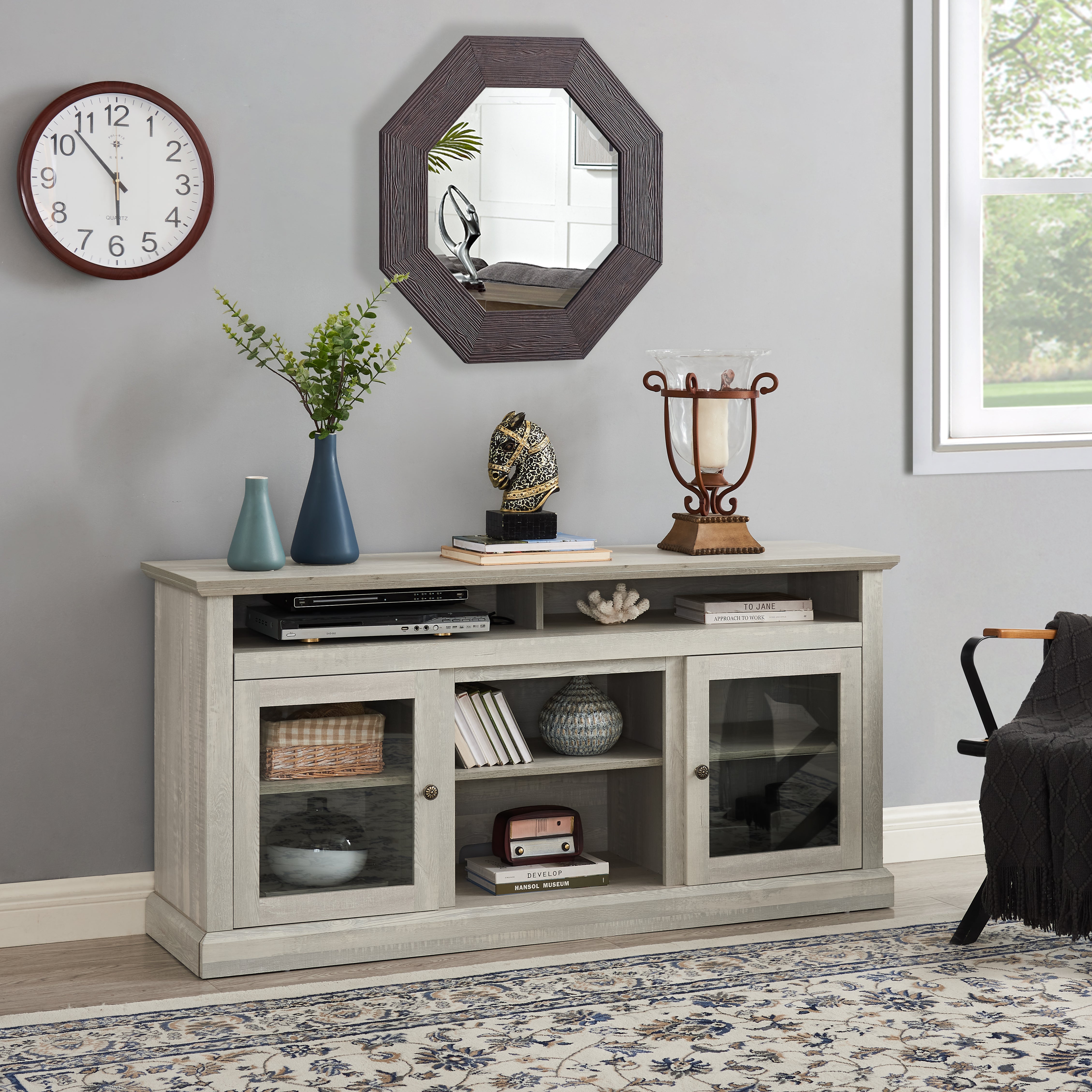 Bozeman 60" Modern Farmhouse TV Stand with Glass Doors and Open Storage