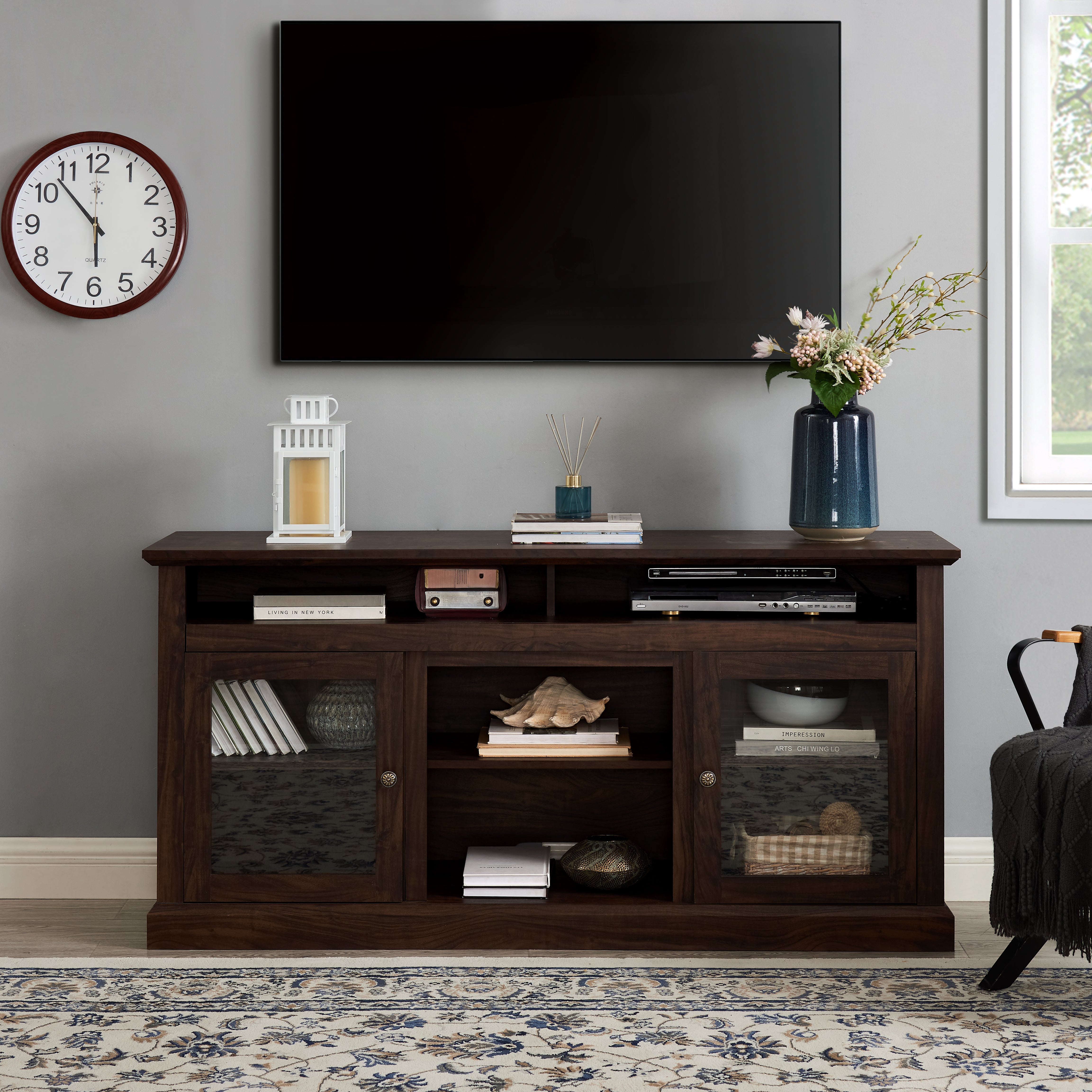 Bozeman 60" Modern Farmhouse TV Stand with Glass Doors and Open Storage