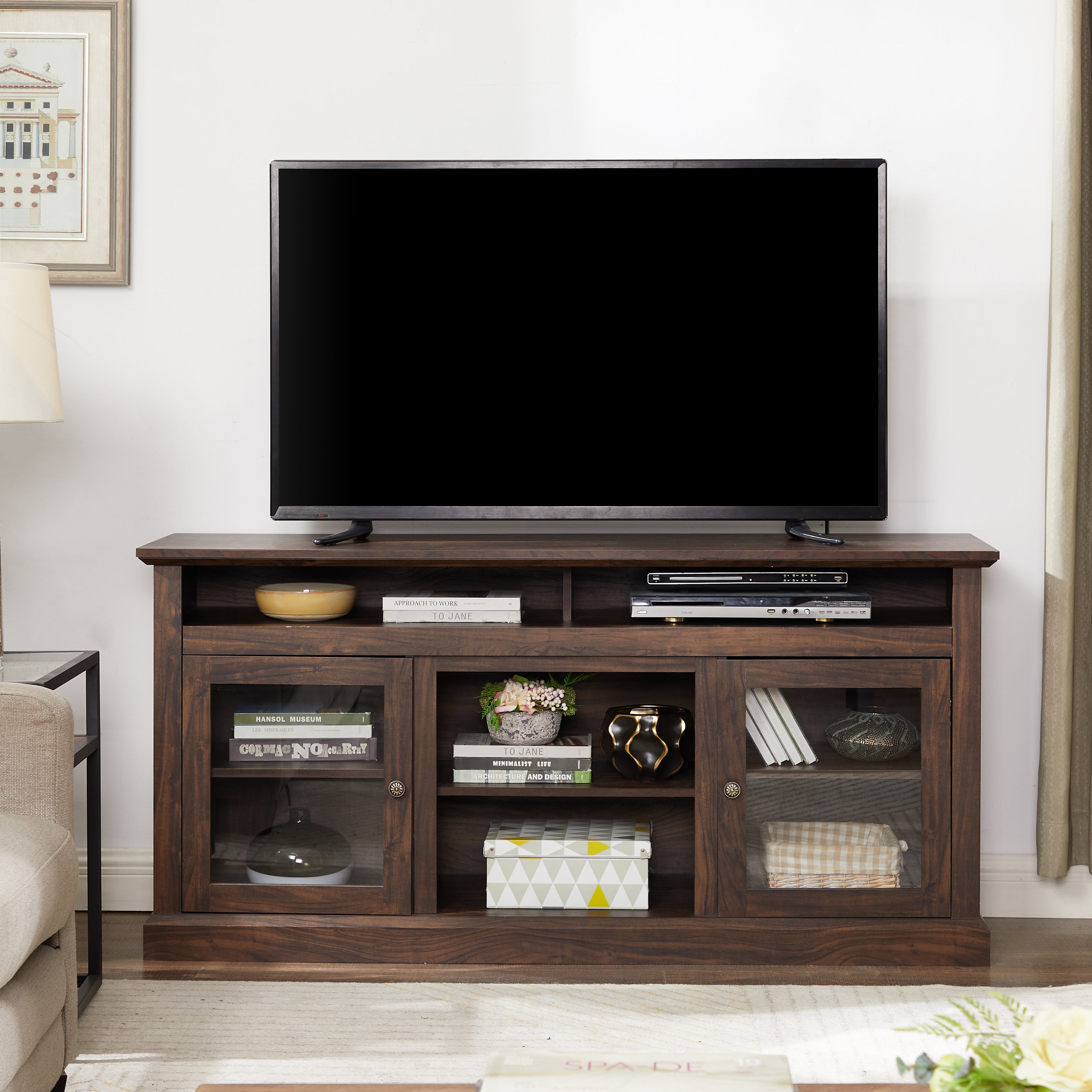 Bozeman 60" Modern Farmhouse TV Stand with Glass Doors and Open Storage