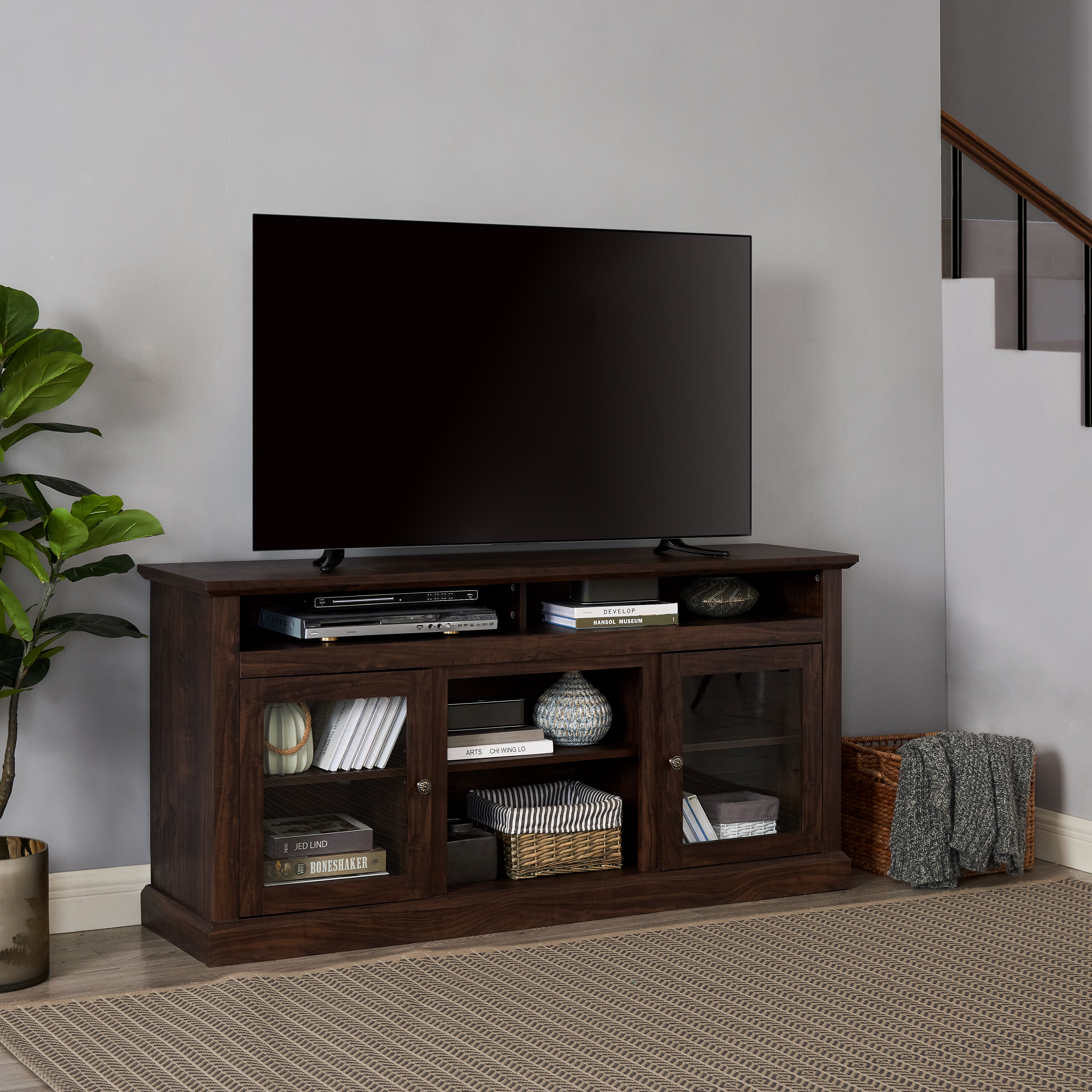 Bozeman 60" Modern Farmhouse TV Stand with Glass Doors and Open Storage