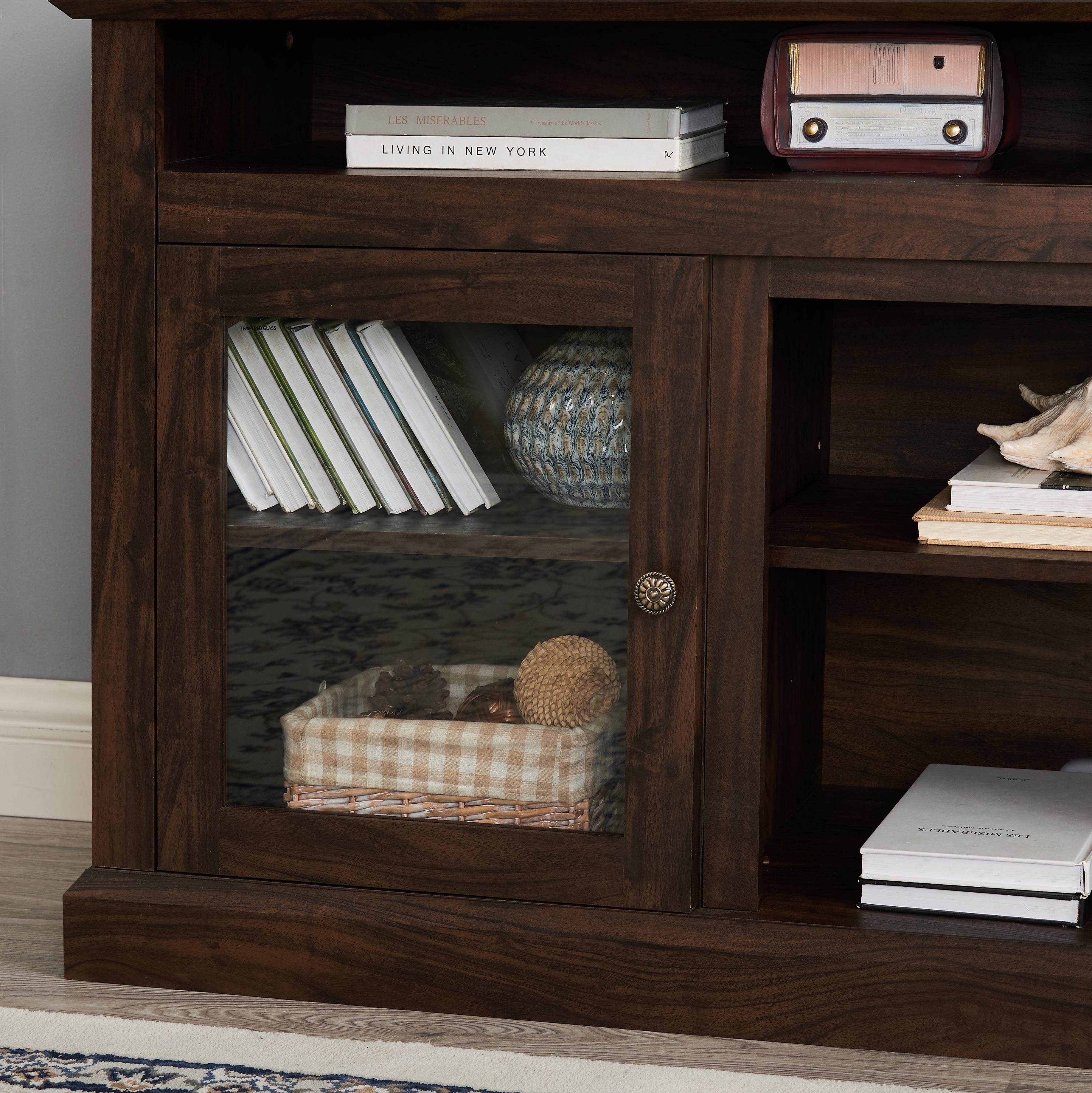 Bozeman 60" Modern Farmhouse TV Stand with Glass Doors and Open Storage