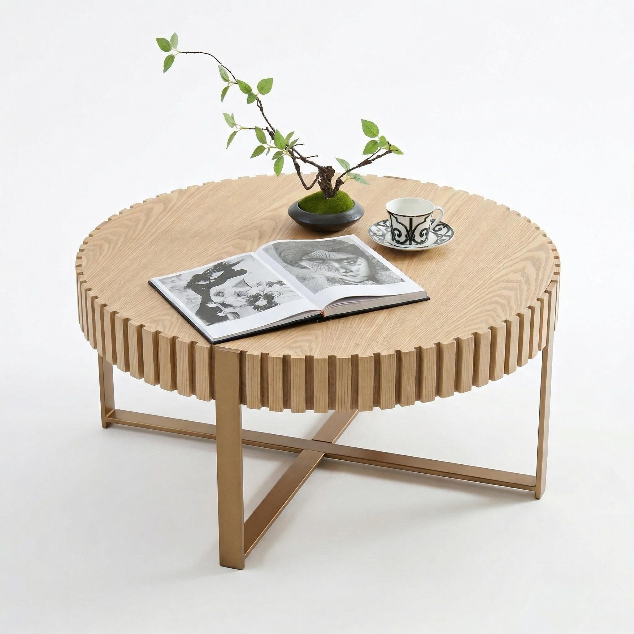 Brest 31.5" Round Coffee Table with Fluted Edge and Metal Base