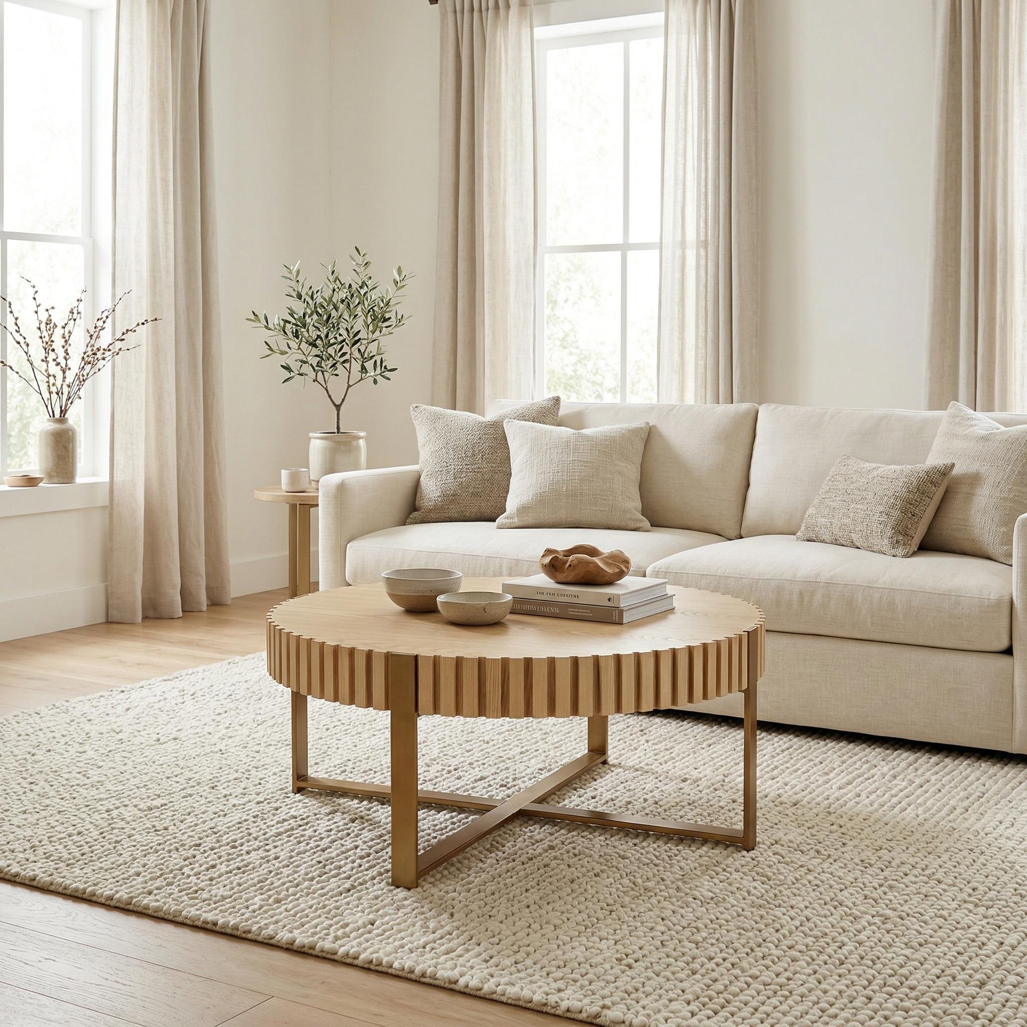 Brest 31.5" Round Coffee Table with Fluted Edge and Metal Base