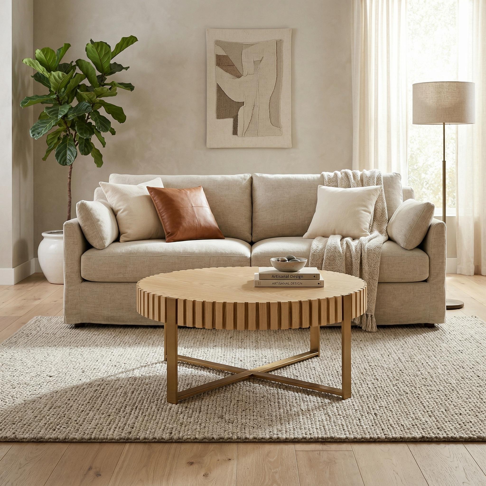 Brest 31.5" Round Coffee Table with Fluted Edge and Metal Base