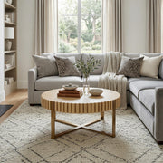 Brest 31.5" Round Coffee Table with Fluted Edge and Metal Base