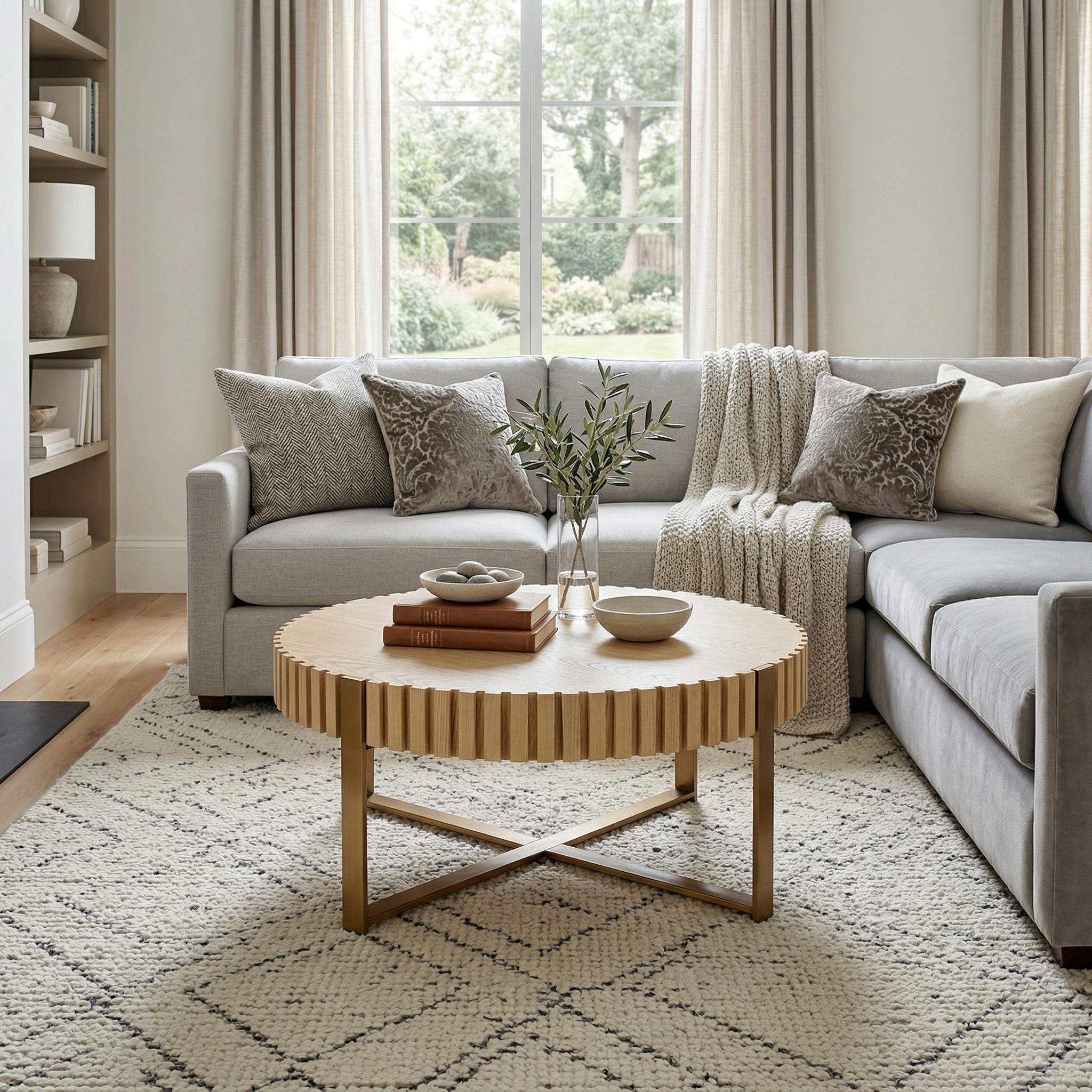 Brest 31.5" Round Coffee Table with Fluted Edge and Metal Base