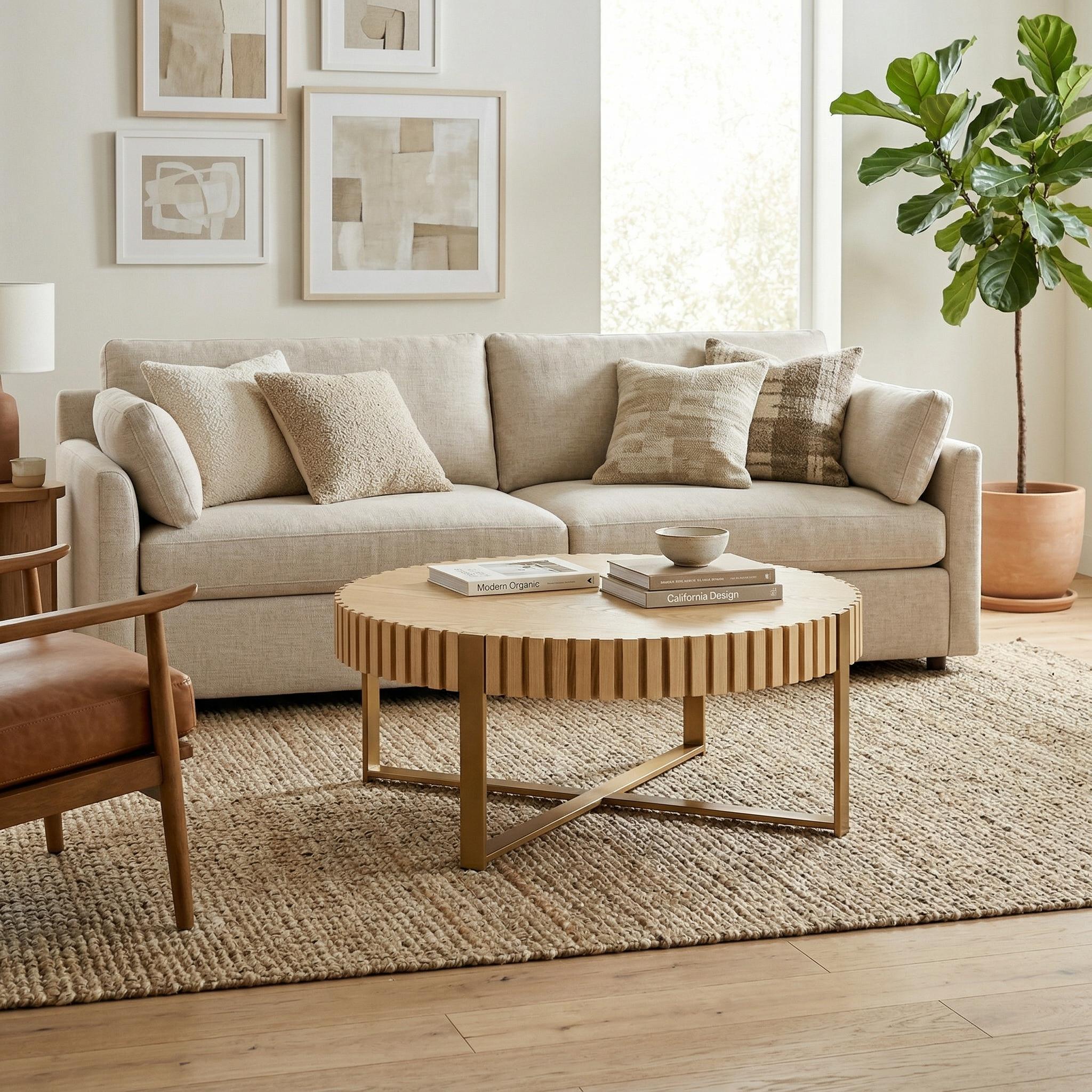 Brest 31.5" Round Coffee Table with Fluted Edge and Metal Base