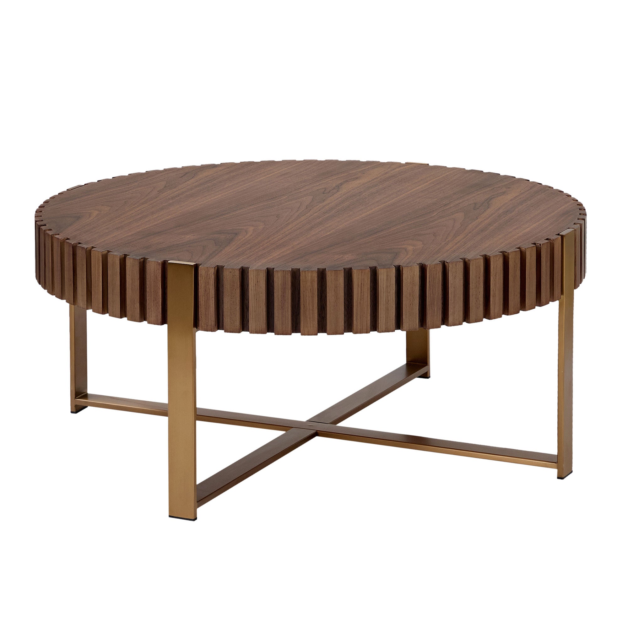 Brest 31.5" Round Coffee Table with Fluted Edge and Metal Base