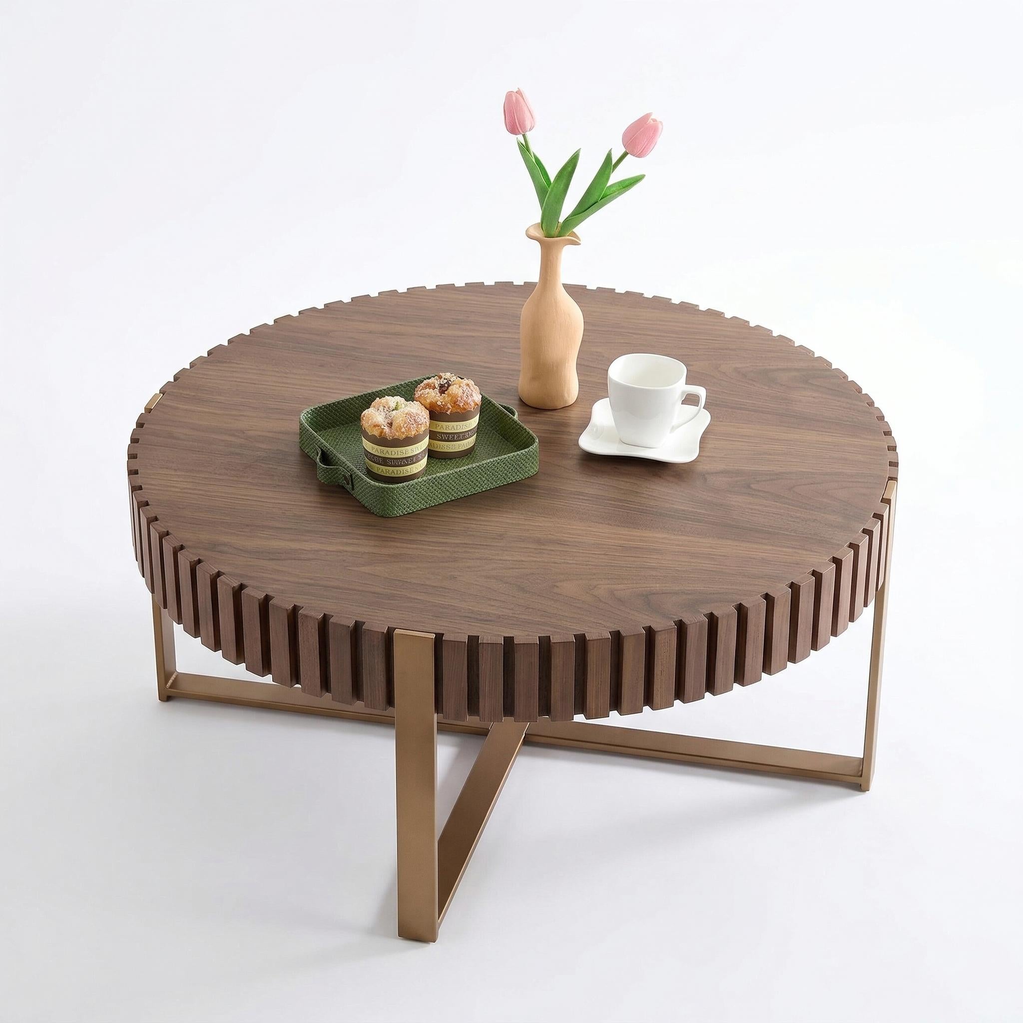 Brest 31.5" Round Coffee Table with Fluted Edge and Metal Base