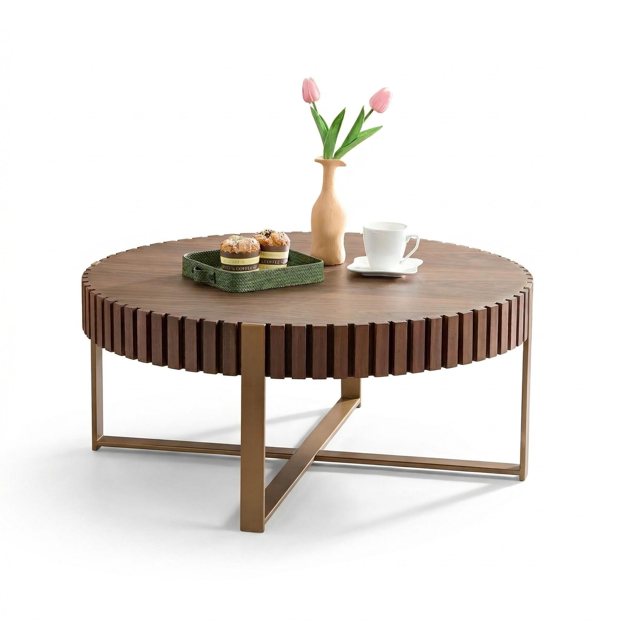 Brest 31.5" Round Coffee Table with Fluted Edge and Metal Base