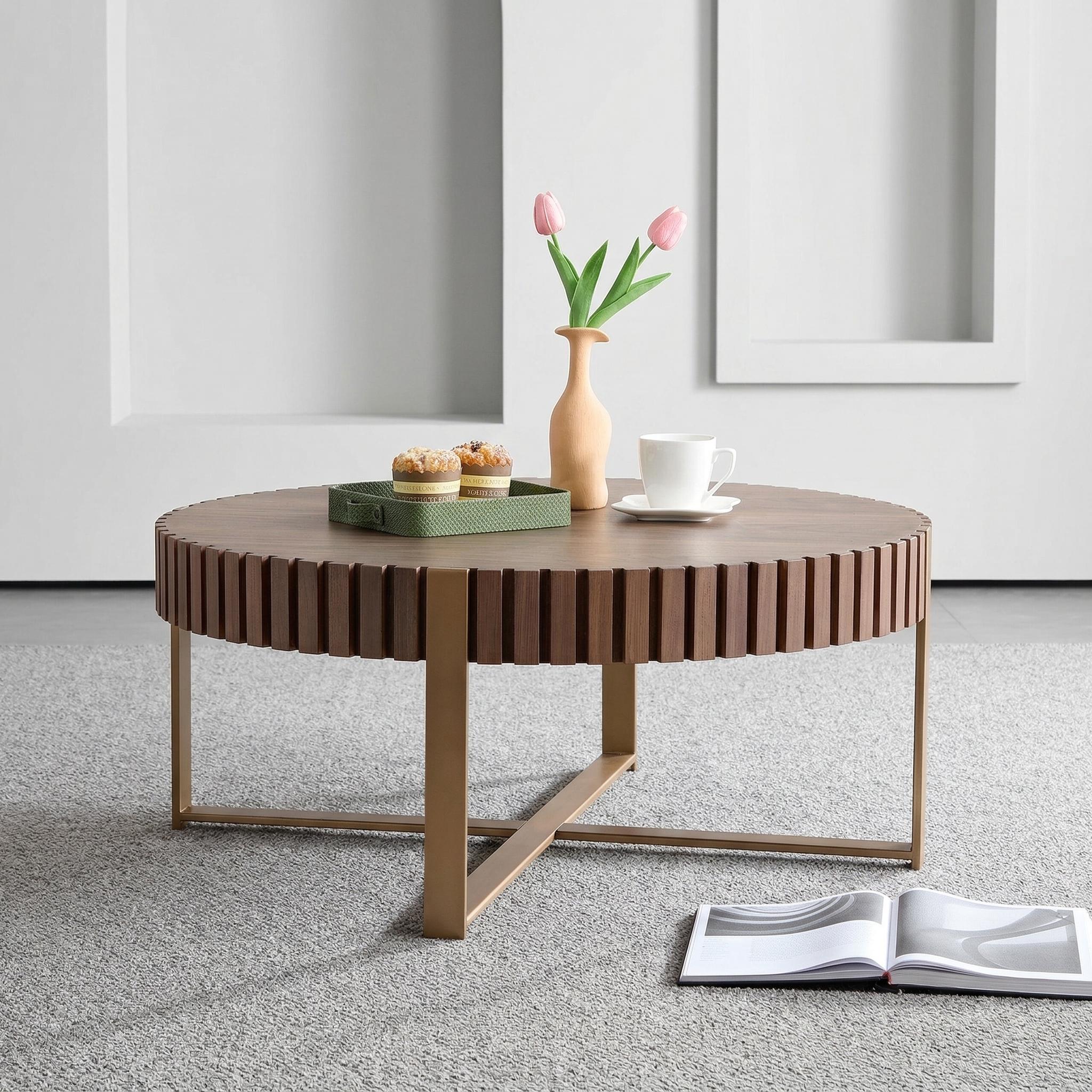 Brest 31.5" Round Coffee Table with Fluted Edge and Metal Base