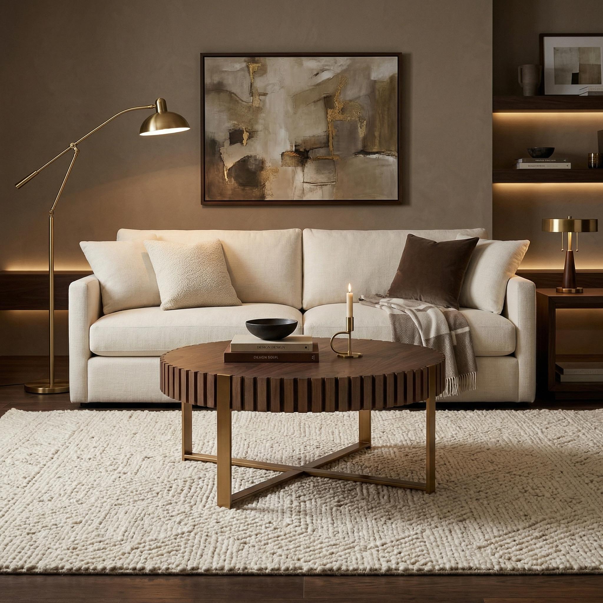 Brest 31.5" Round Coffee Table with Fluted Edge and Metal Base