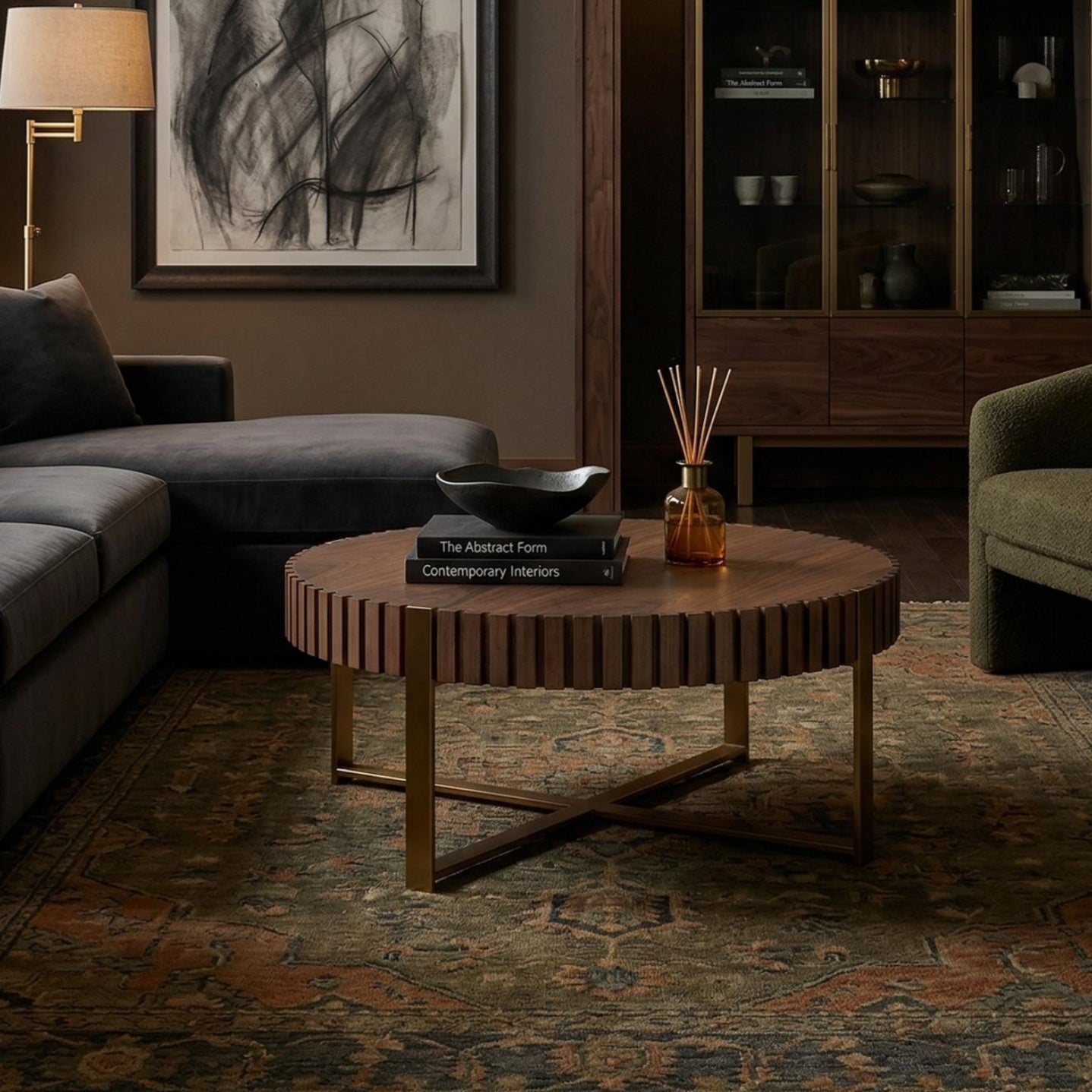 Brest 31.5" Round Coffee Table with Fluted Edge and Metal Base